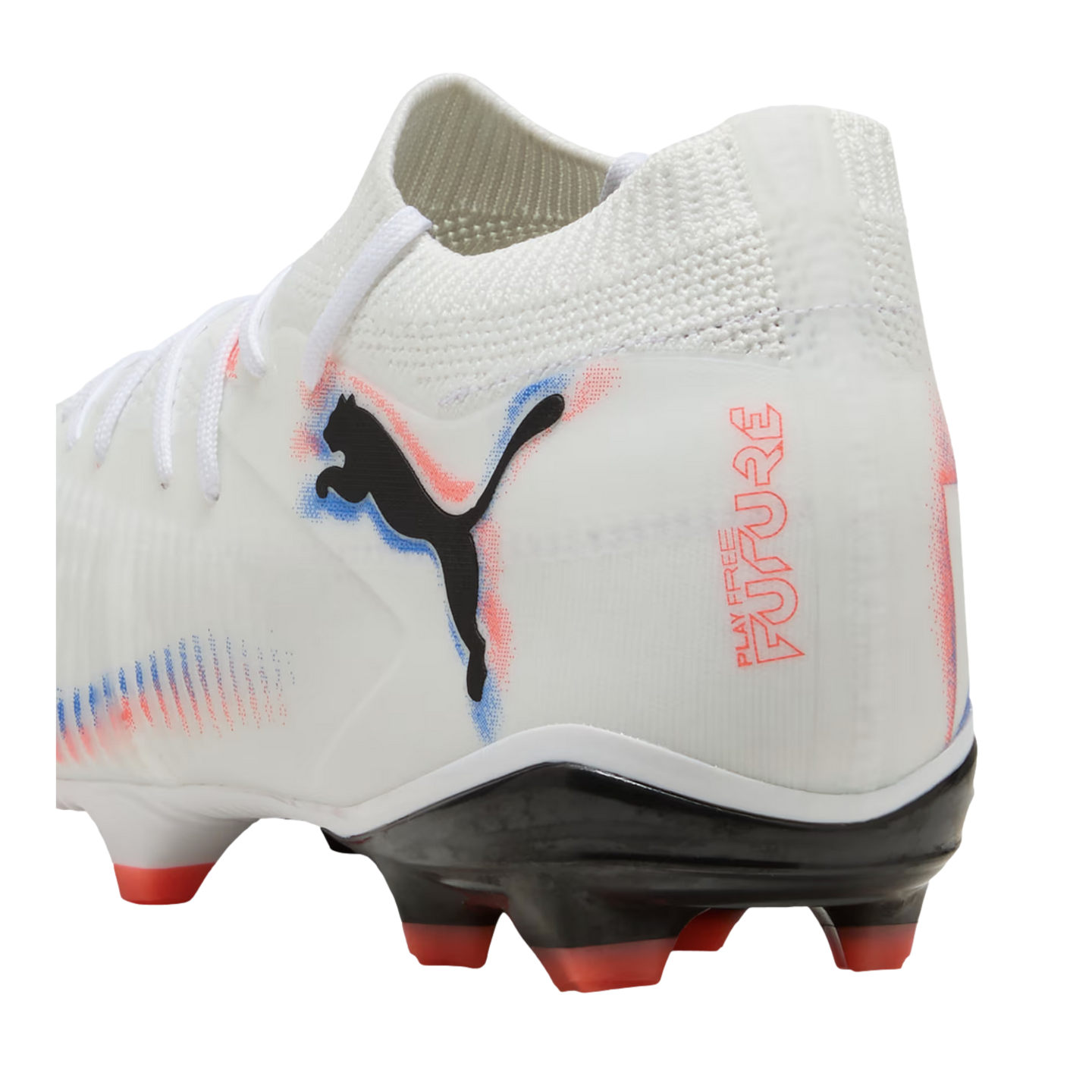 White Puma Future soccer cleat with a black cat logo, red and blue accents, and red-tipped studs against a black background.