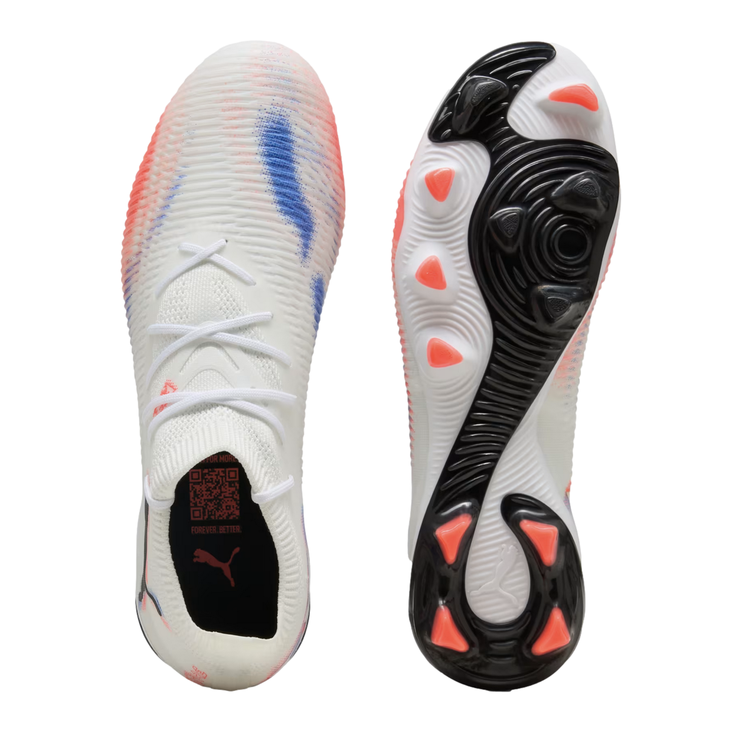 Top and bottom views of a white Puma soccer cleat featuring blue and pink spray-paint patterns and pink studs on a black and white sole.