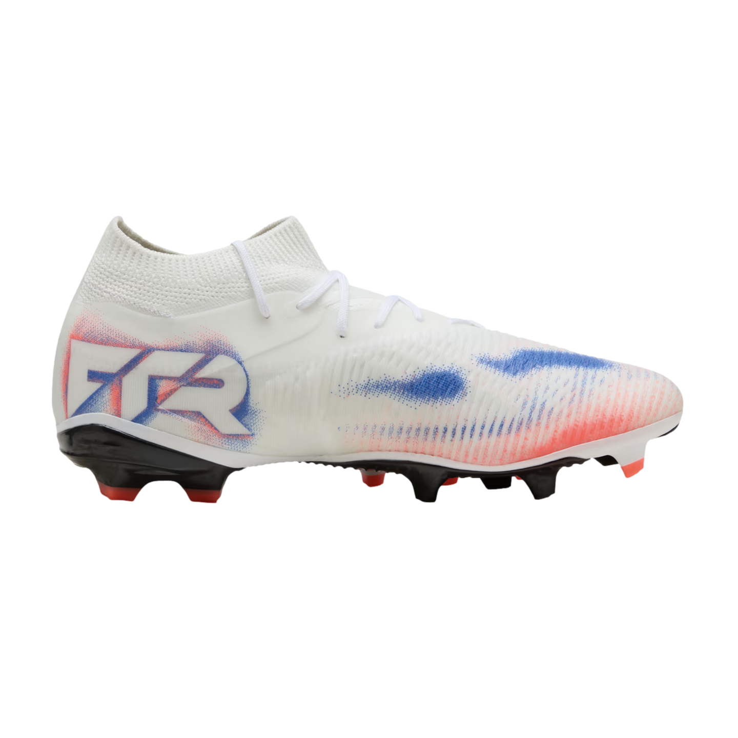 A white Puma soccer cleat with red and blue accents, featuring "FTR" branding on the heel and a black soleplate, displayed against a solid black background.