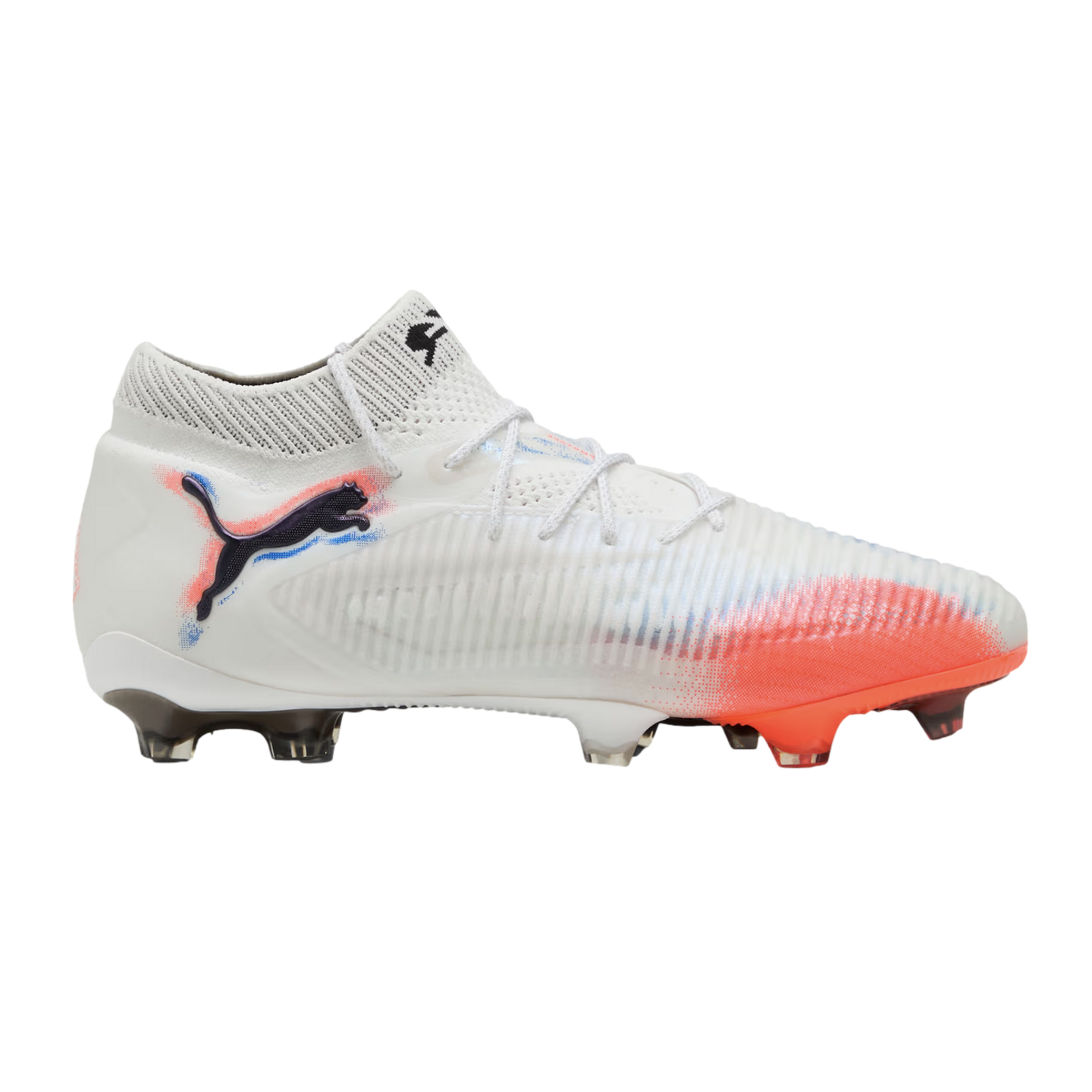 White Puma soccer cleat with orange and blue accents and a dark blue logo, shown from the side on a black background.
