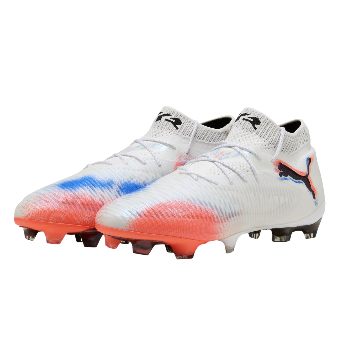 Pair of white Puma football boots with blue and orange graphic accents and a knitted collar, set against a black background.