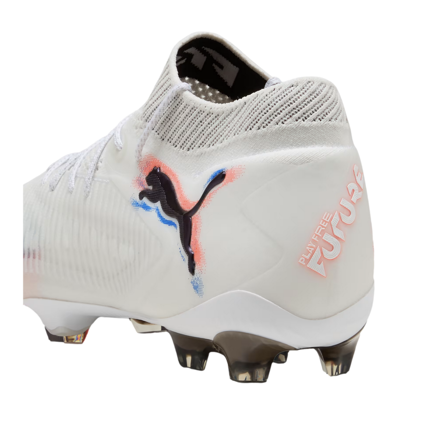 Rear three-quarter view of a white Puma soccer cleat featuring a knitted ankle collar, a black logo with red and blue accents, and "PLAY FREE FUTURE" embossed on the heel.