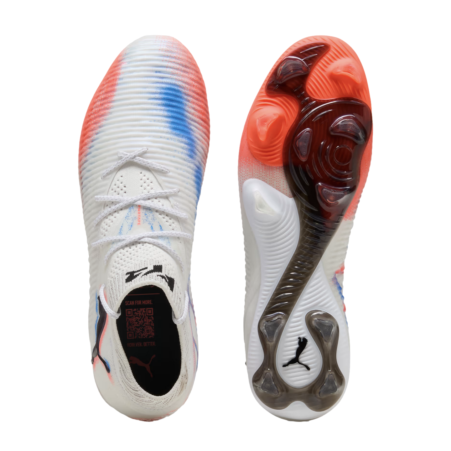 Top and bottom views of a white Puma soccer cleat with red and blue accents, featuring a textured upper and a translucent traction plate.