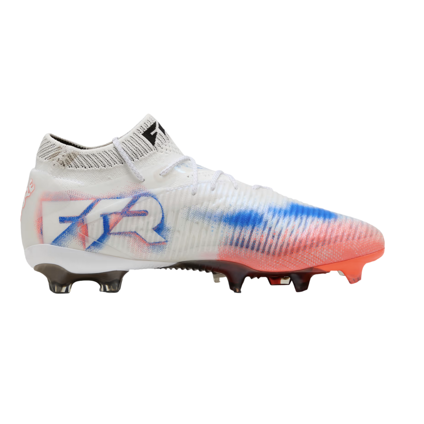 A white Nike soccer boot with red and blue spray-paint style graphics and CR7 branding on the heel, shown from a side profile against a black background.