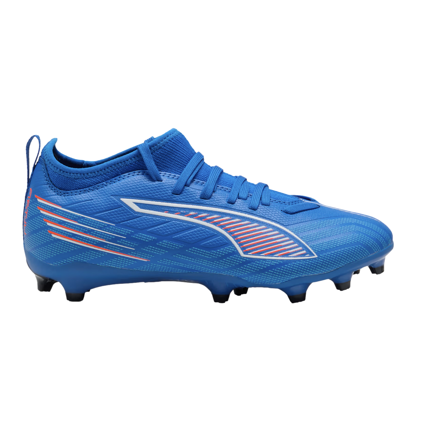 A royal blue Puma soccer cleat featuring white and orange side accents and a textured upper, shown from a side profile against a black background.