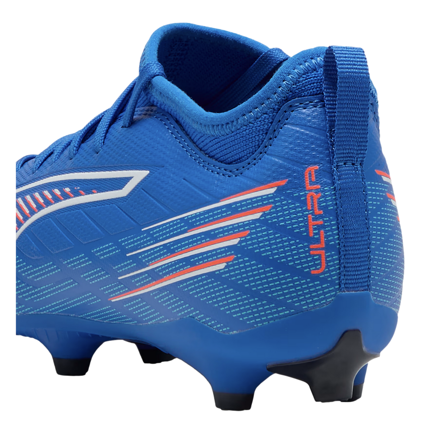 Side profile of a royal blue Puma Ultra soccer boot with orange "ULTRA" text, white and red graphic stripes, and a black-tipped studded sole.