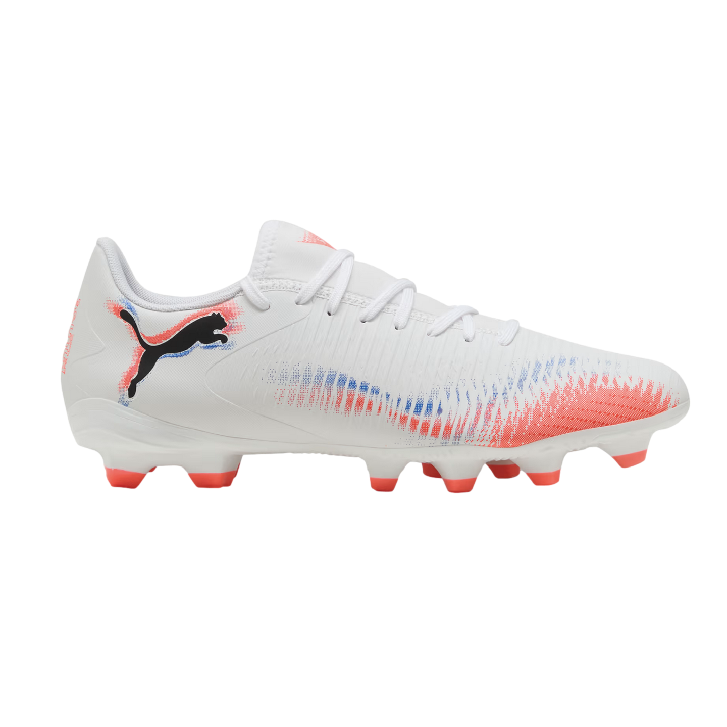 Side view of a white Puma soccer cleat featuring a black logo, orange and blue graphic accents, and orange studs, set against a black background.