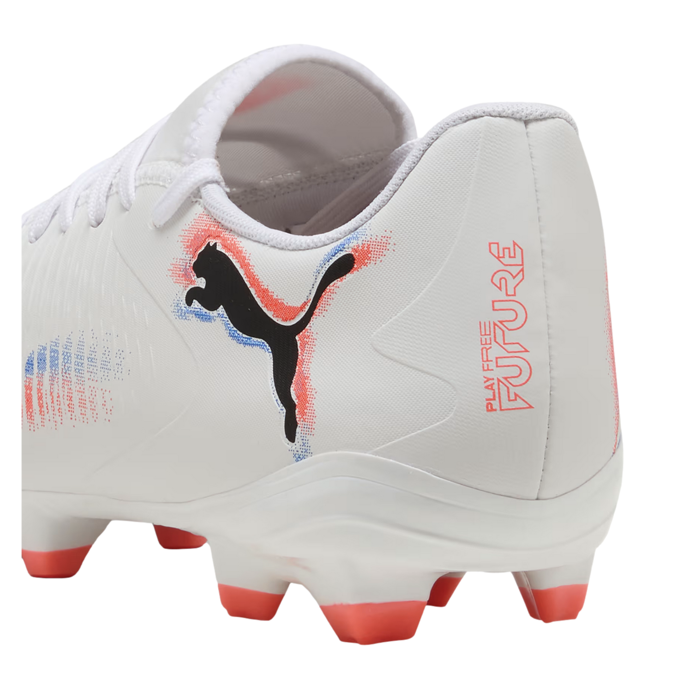 A white Puma Future soccer cleat shown from a rear angle, featuring a black cat logo with red and blue graphic accents, orange studs, and "PLAY FREE FUTURE" text on the heel.