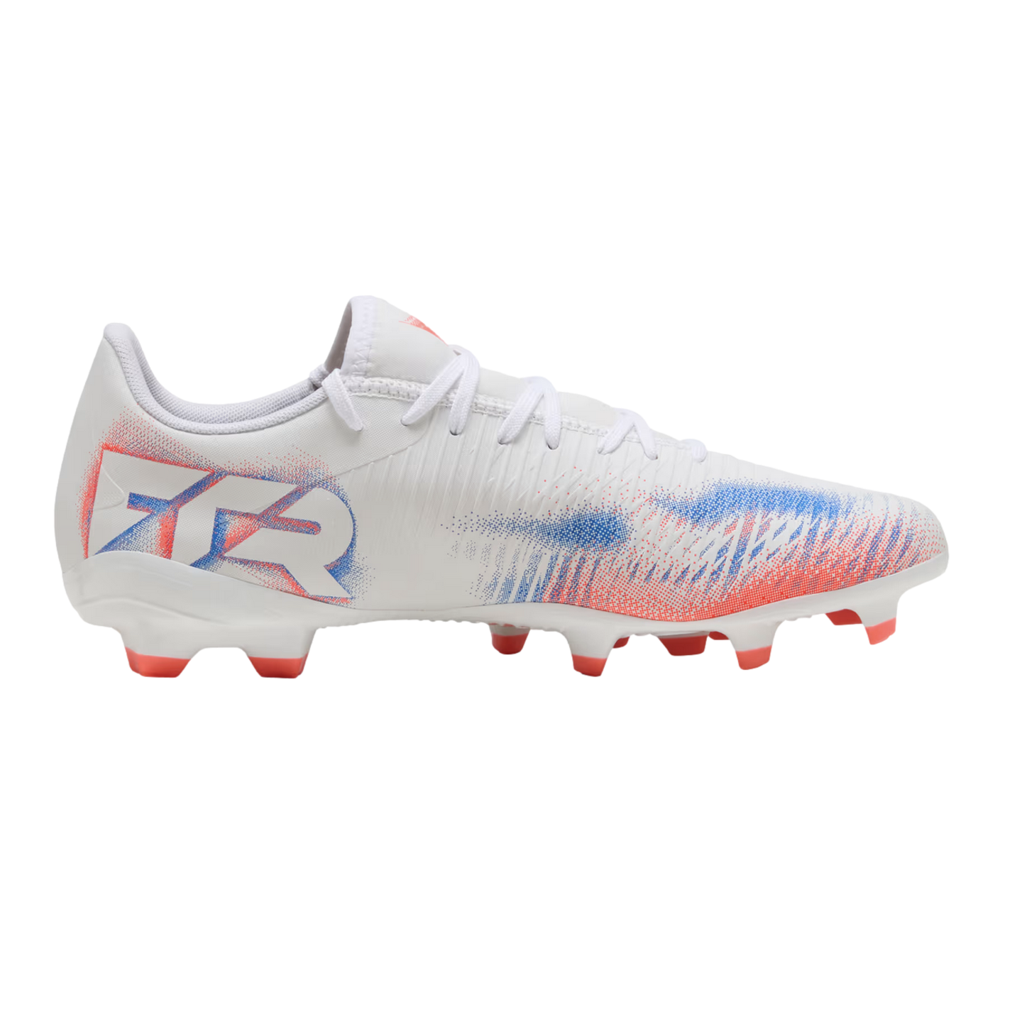 Profile of a white soccer cleat with blue and coral accents. Features "FTR" on the heel and coral studs, set against a black background.