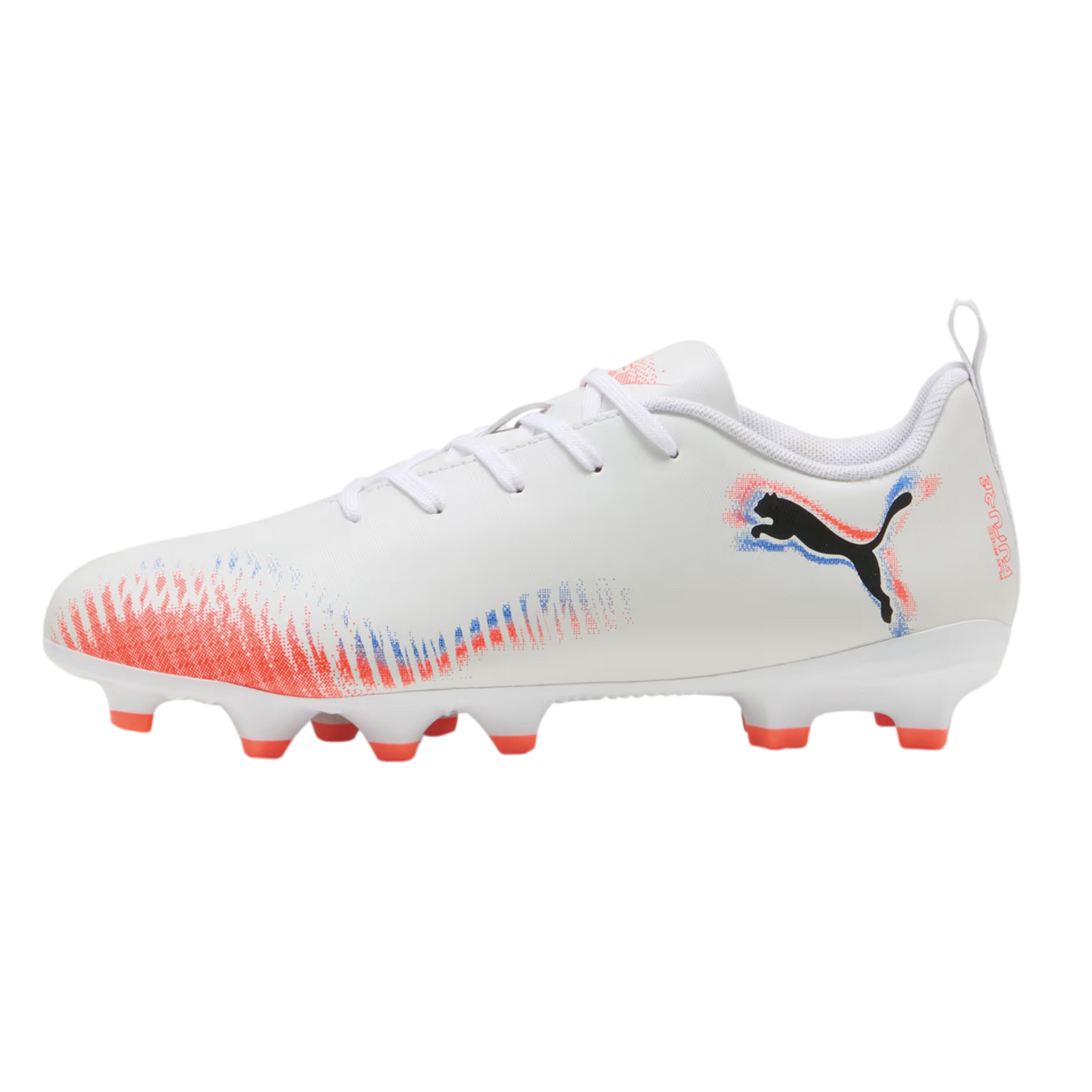 White Puma soccer cleat featuring orange and blue brushstroke patterns, a black logo, and orange studs, shown in profile against a black background.