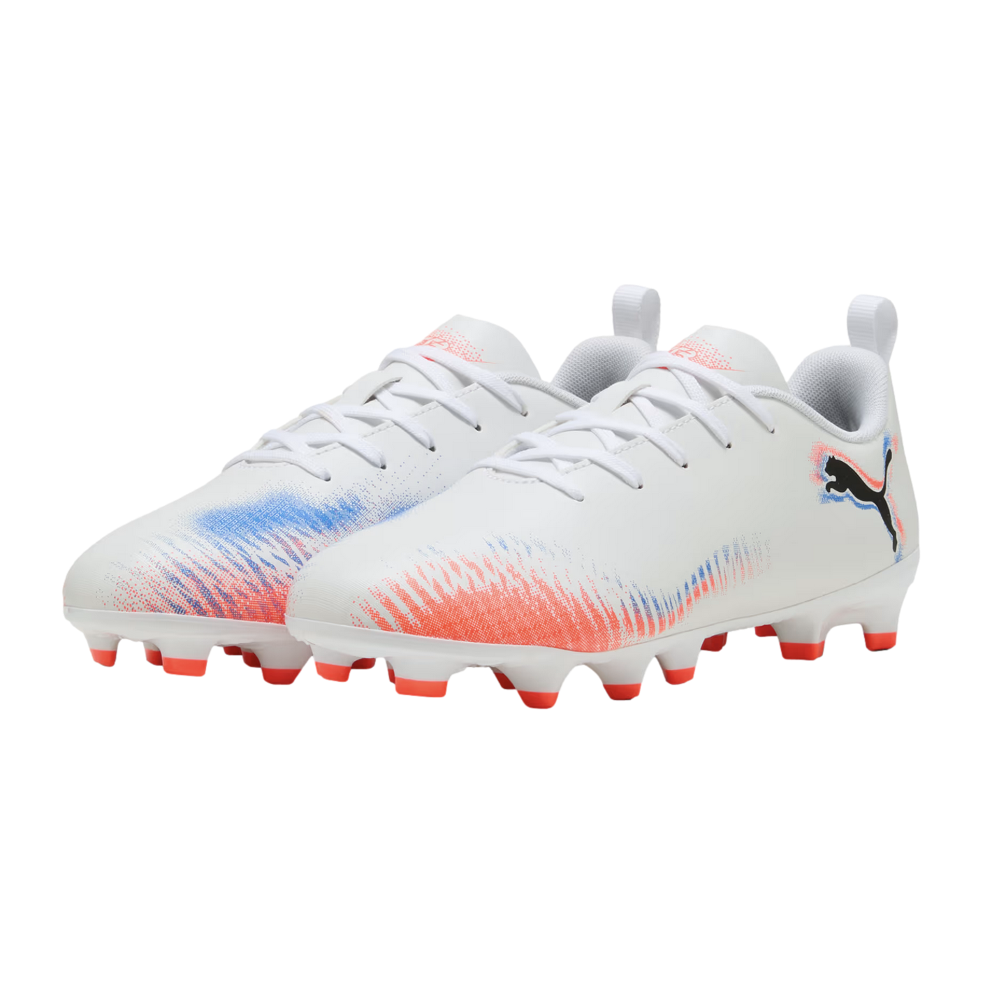 A pair of white Puma soccer cleats with blue and orange graphic designs and orange studs, shown against a solid black background.