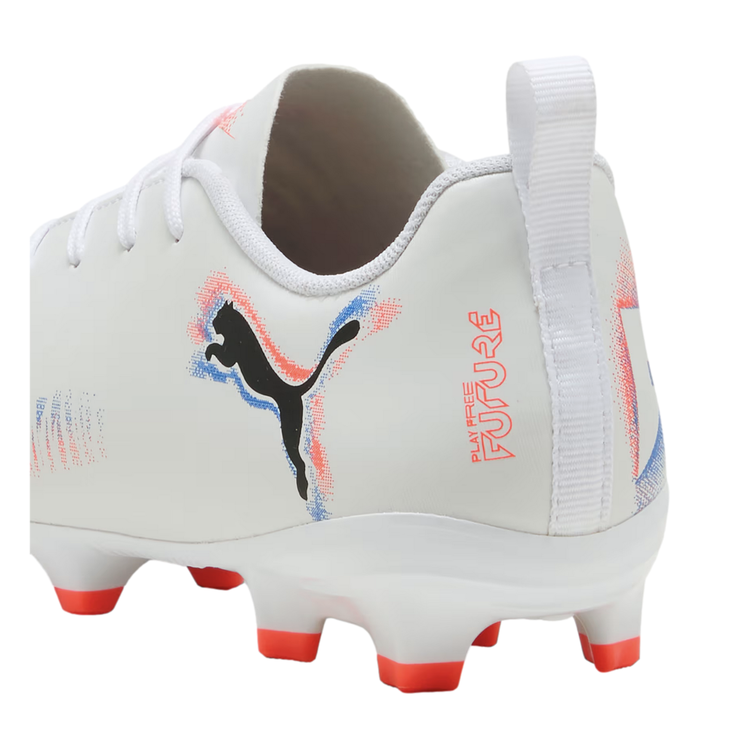Three-quarter rear view of a white Puma Future soccer cleat with red and blue graphic accents and orange-tipped studs.