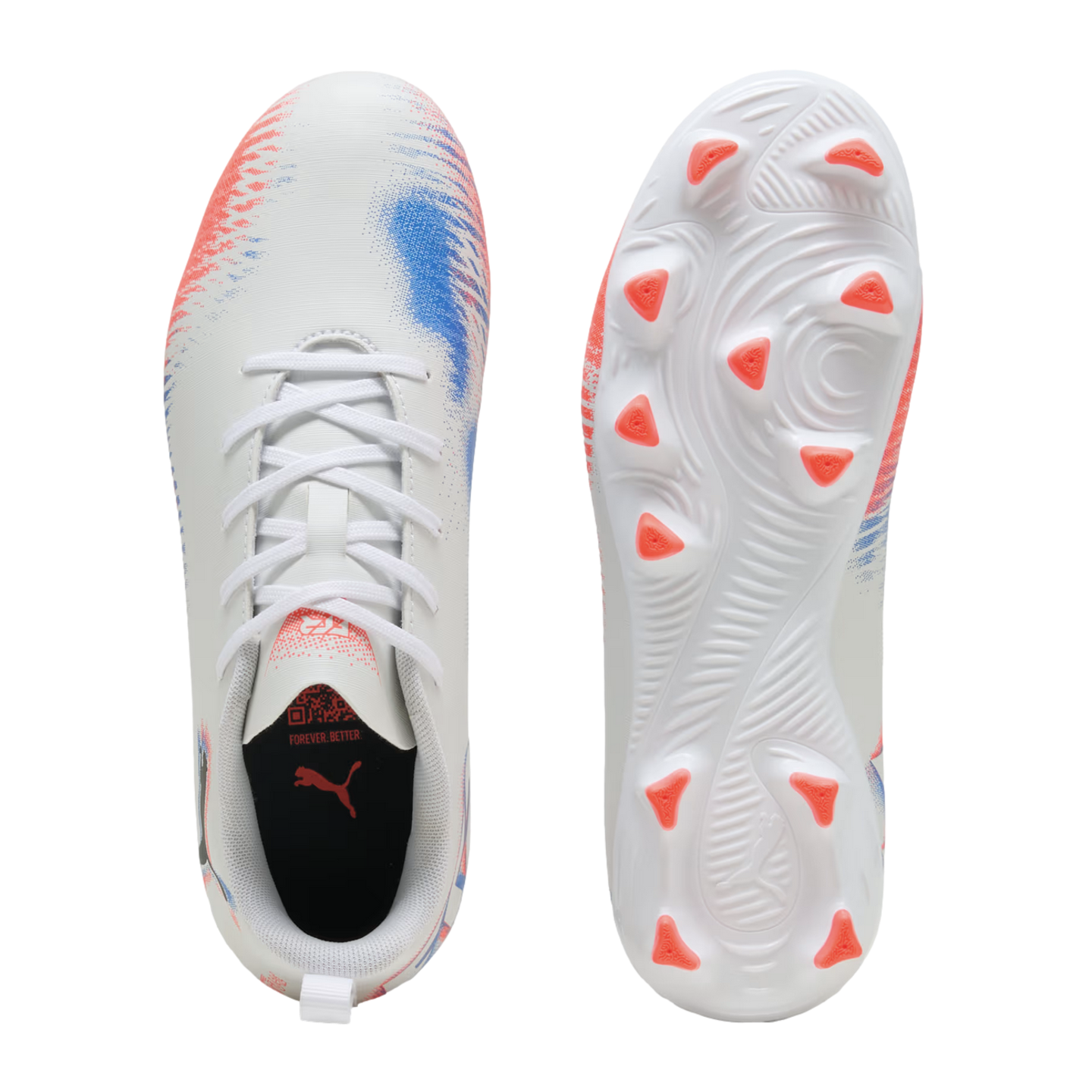 Top and sole views of white Puma soccer cleats featuring orange and blue feathered patterns and bright orange studs.