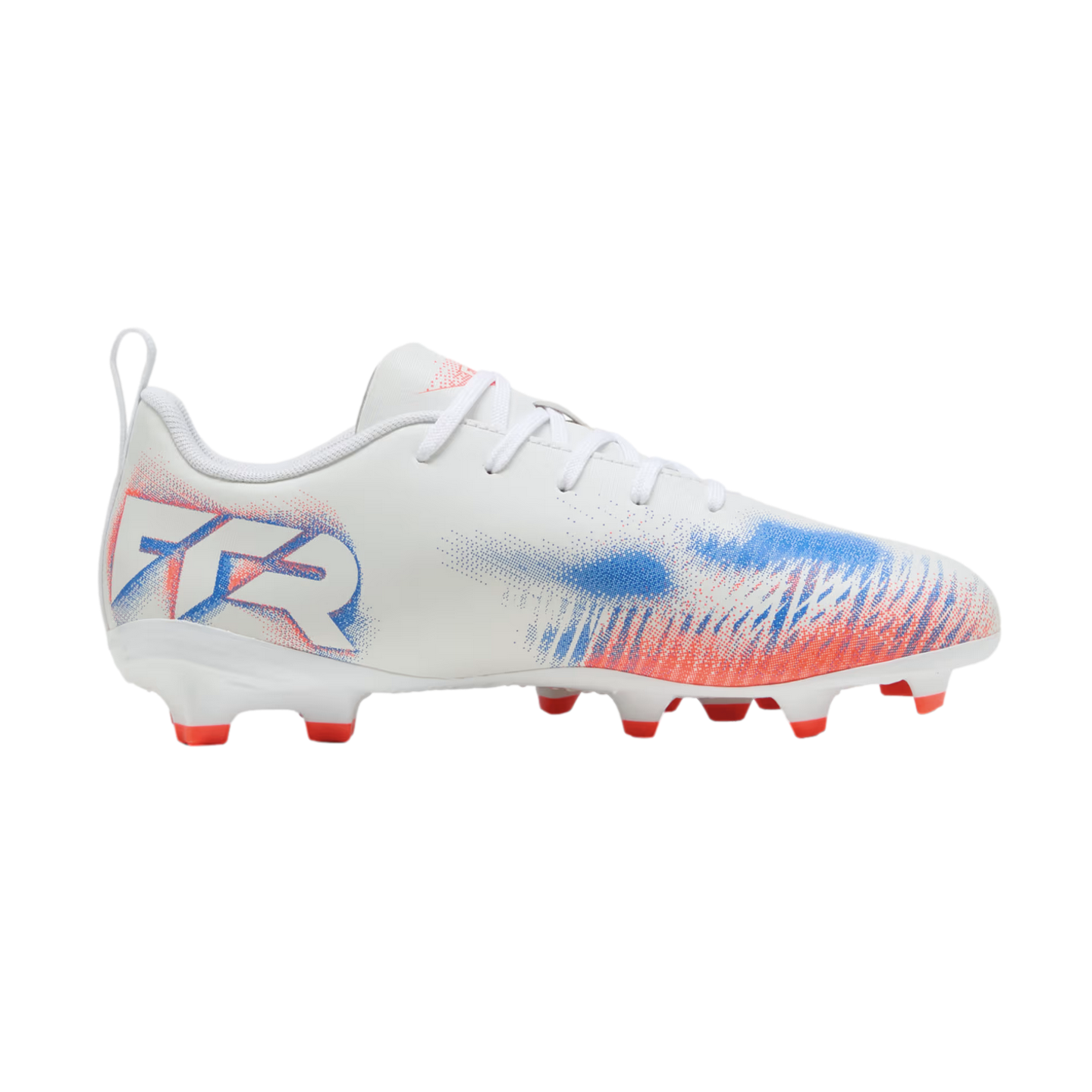 A white soccer cleat featuring blue and orange stippled graphic patterns, orange studs, and a stylized "FTR" logo on the heel.