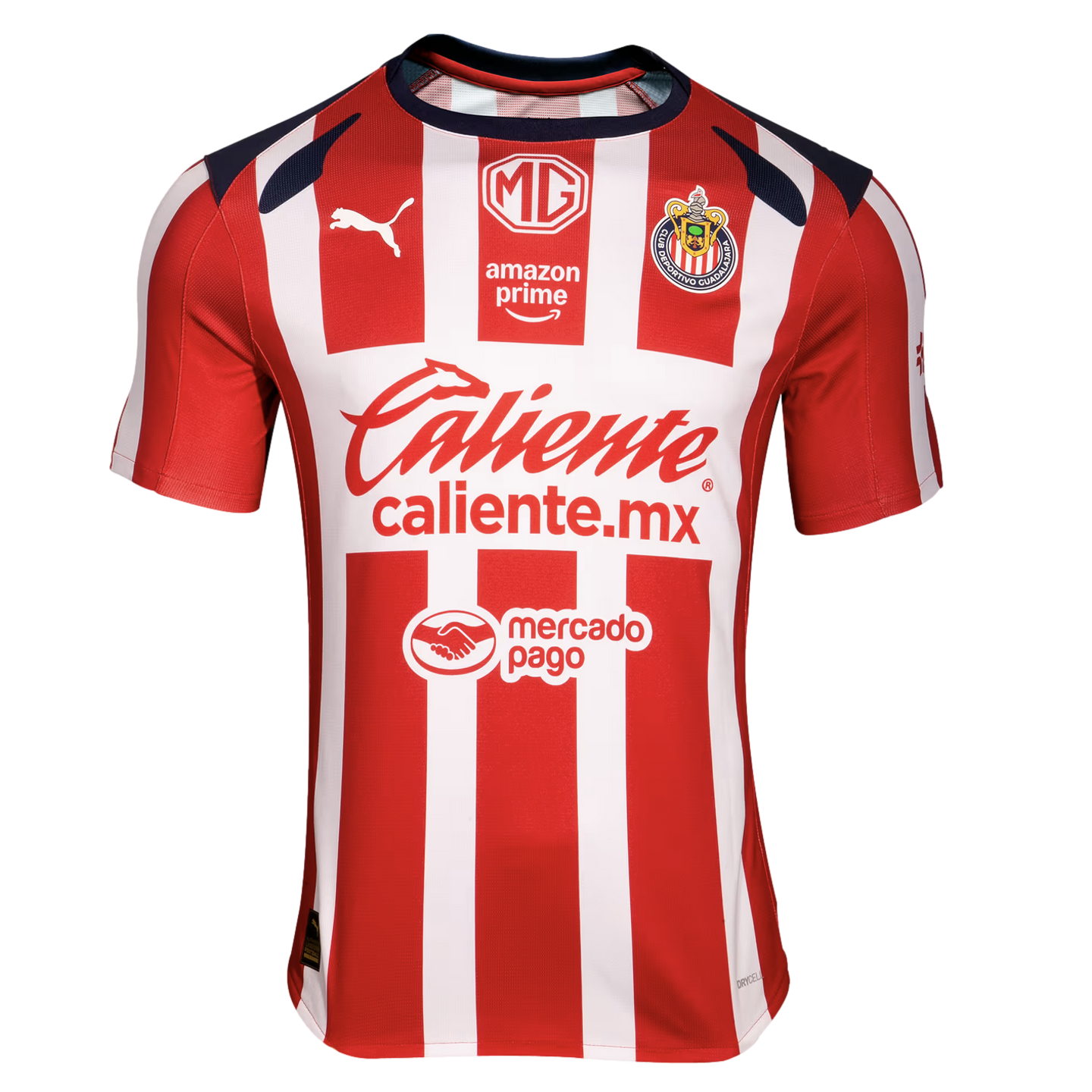Chivas de Guadalajara home jersey with red and white vertical stripes, featuring the team crest, Puma logo, and sponsors including MG, Amazon Prime, and Caliente.mx.