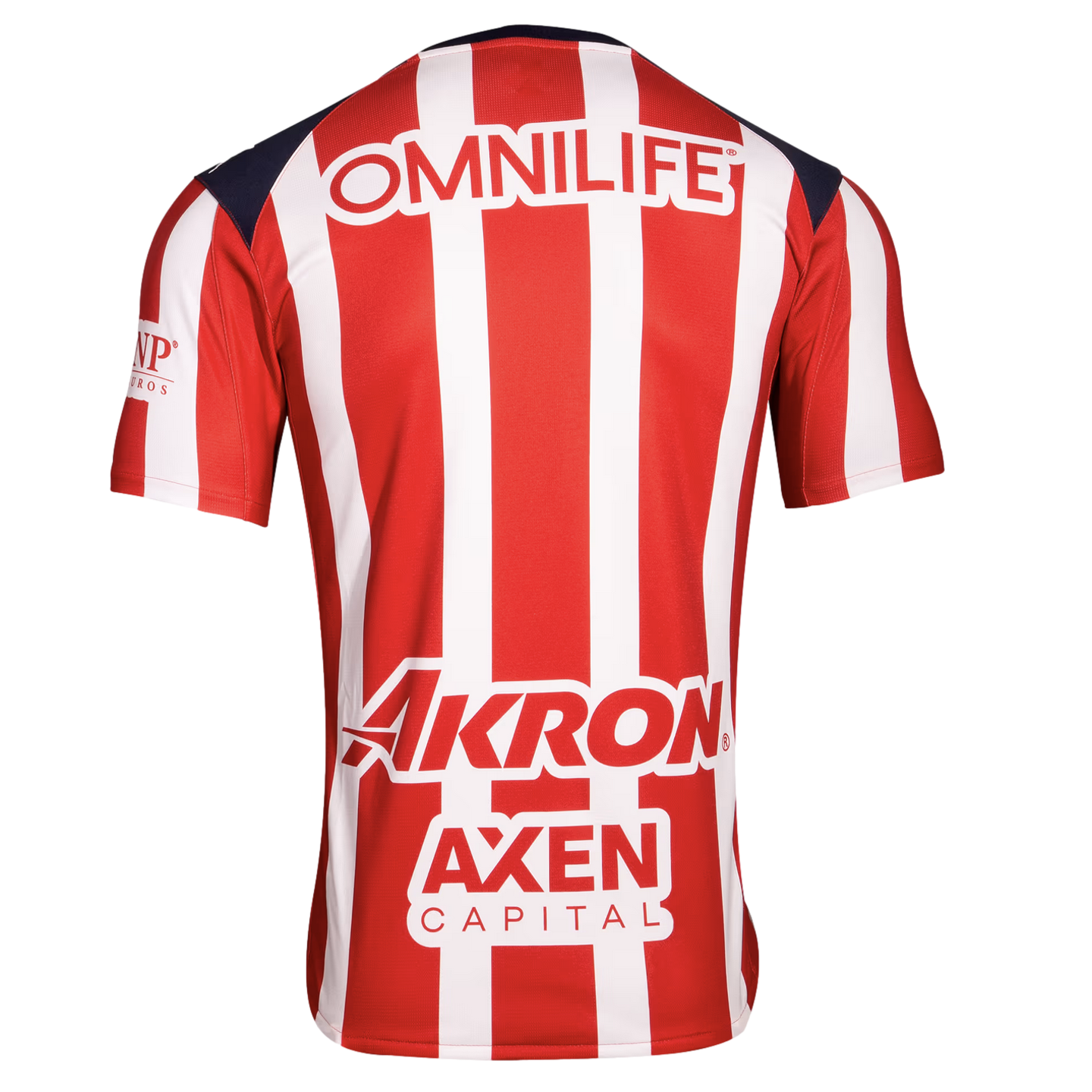 Back of a red and white striped soccer jersey featuring white OMNILIFE, AKRON, and AXEN CAPITAL sponsor logos. Dark blue accents on the shoulders.
