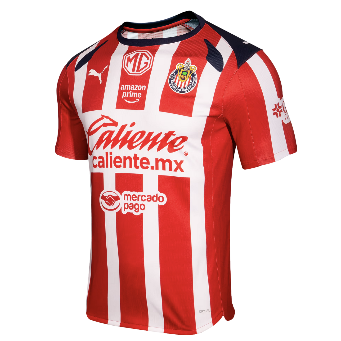 Red and white striped soccer jersey for Club Deportivo Guadalajara featuring sponsor logos from Puma, MG, Amazon Prime, Caliente.mx, and Mercado Pago.