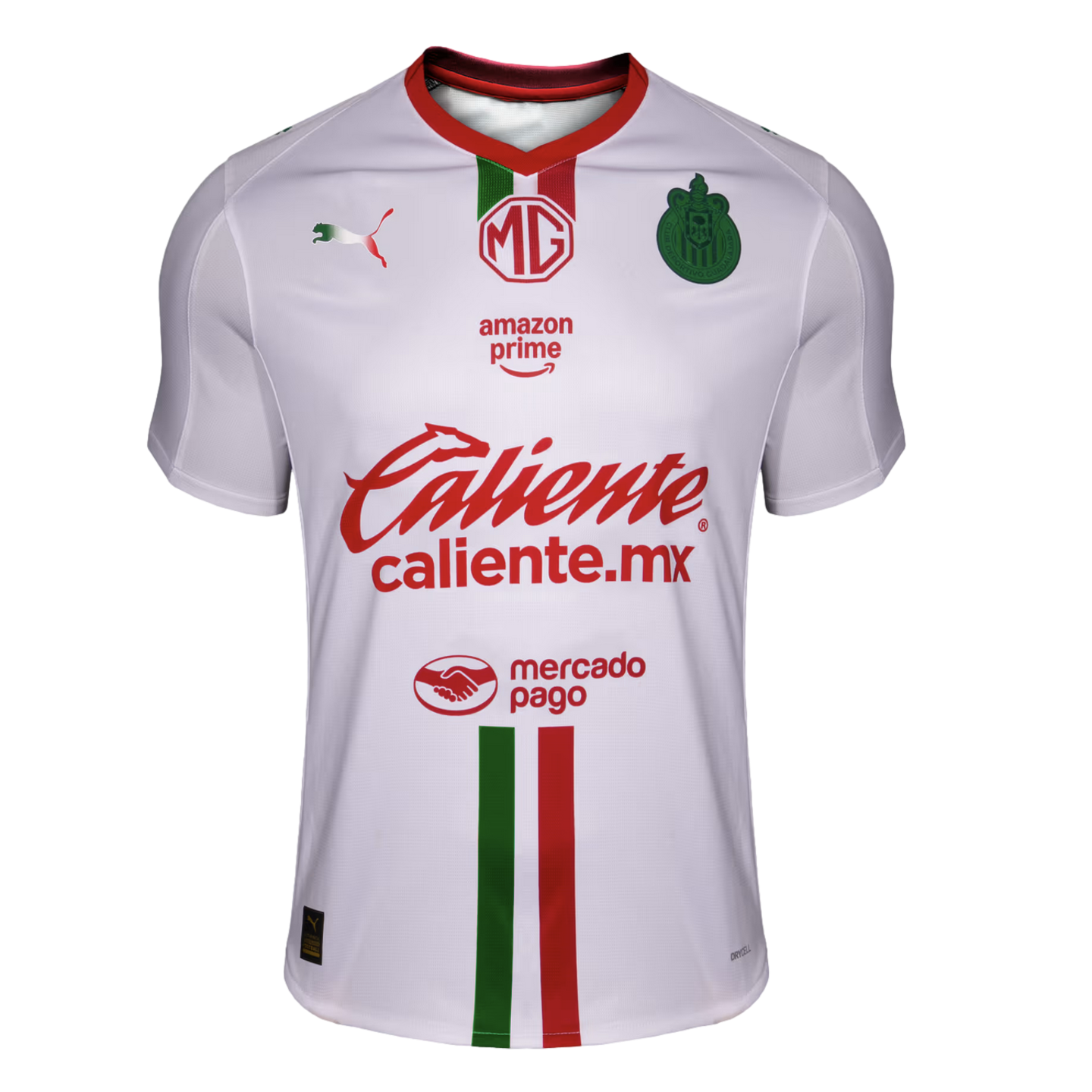 A white Puma soccer jersey for Chivas (C.D. Guadalajara) featuring a red collar, vertical green and red stripes, and sponsors MG, Amazon Prime, Caliente, and Mercado Pago.