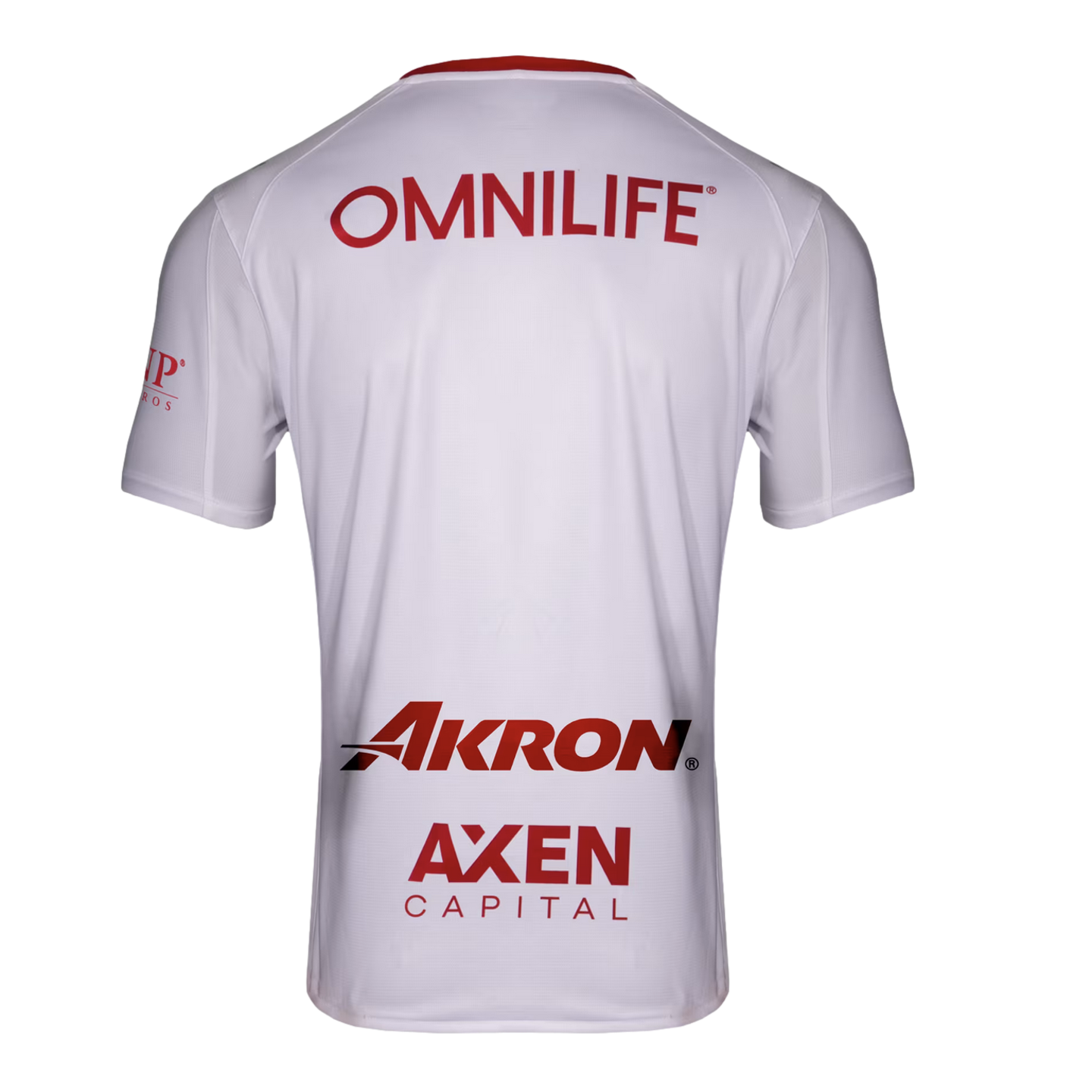 Back of a white short-sleeved jersey with red sponsor logos: OMNILIFE at the top, Akron and AXEN CAPITAL at the bottom. It features a red collar and is set against a black background.