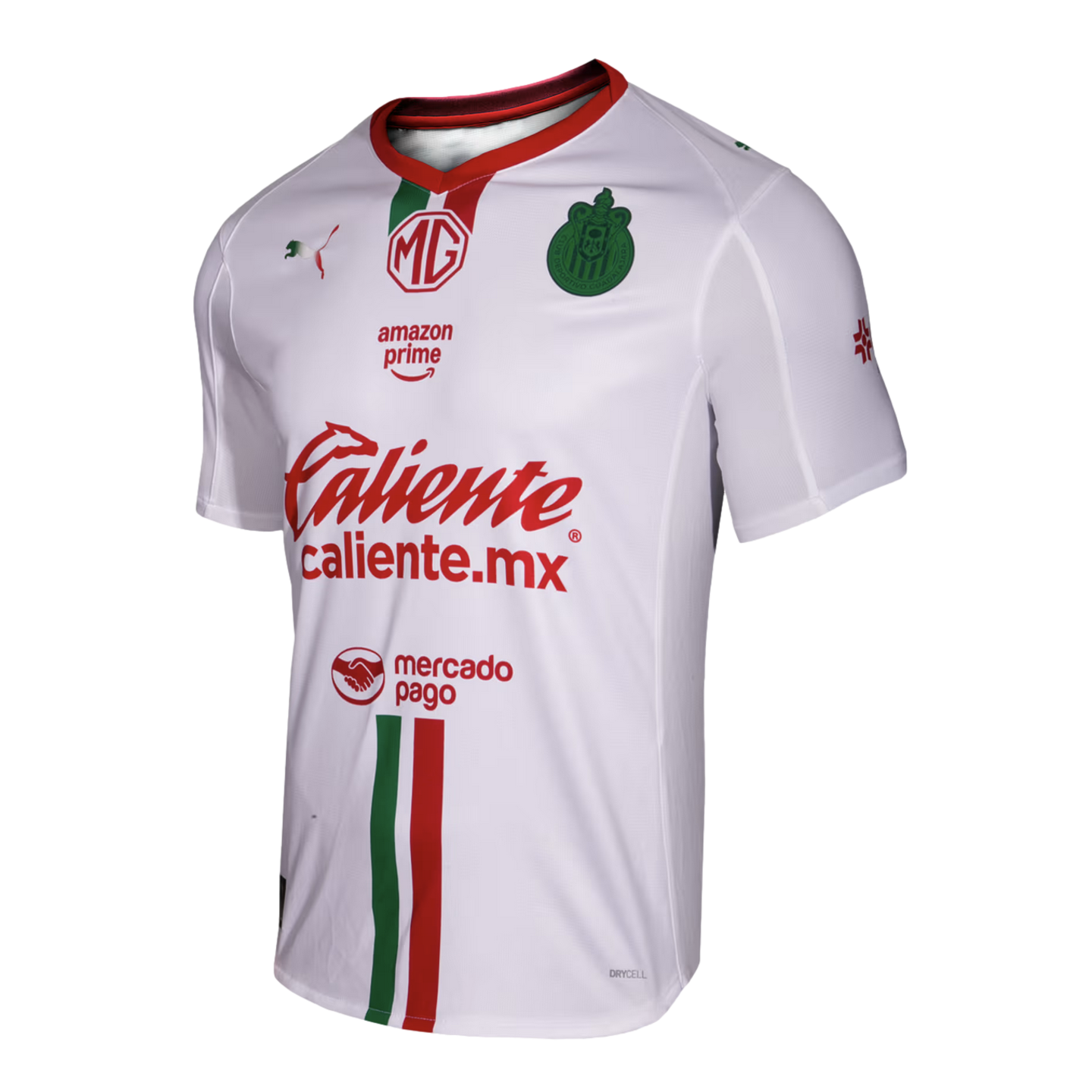 White Puma soccer jersey featuring red and green sponsor logos (Caliente, MG, Amazon Prime), a club crest, and vertical green and red stripes at the bottom.