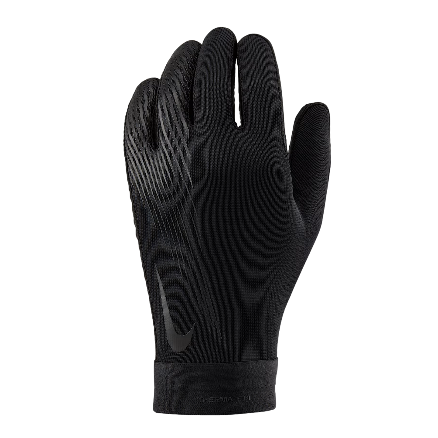 Black Nike Therma-FIT glove featuring a subtle swoosh logo and diagonal line patterns across the back of the hand.