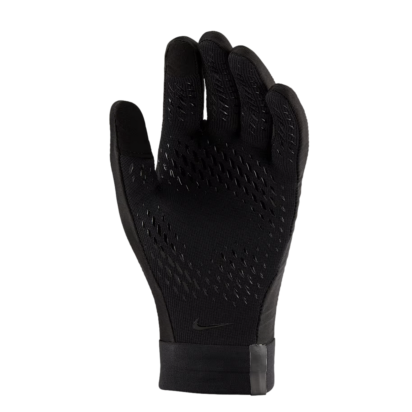 Black Nike glove showing the palm with textured silicone grip patterns, a small swoosh logo near the wrist, and a reflective cuff strip.