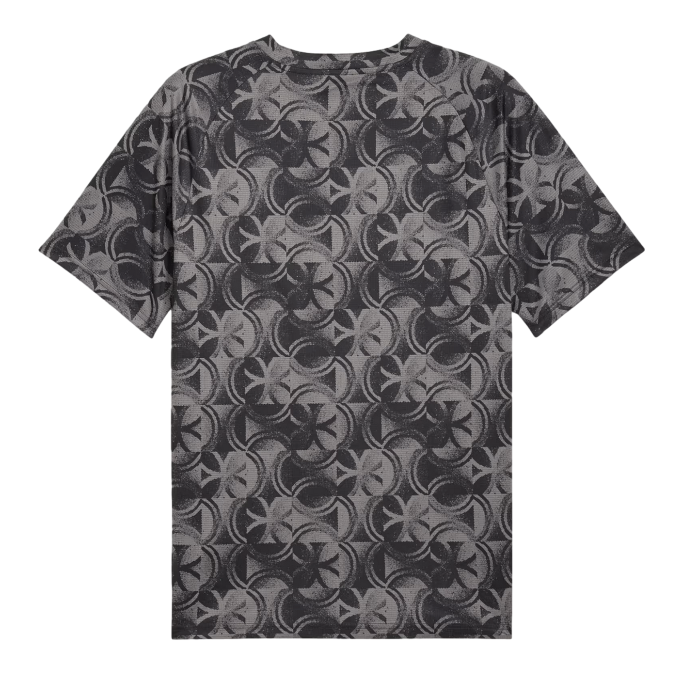 The back view of a dark grey and black T-shirt with a repeating, interlocking geometric floral and circular pattern across its entirety, presented on a solid black background.