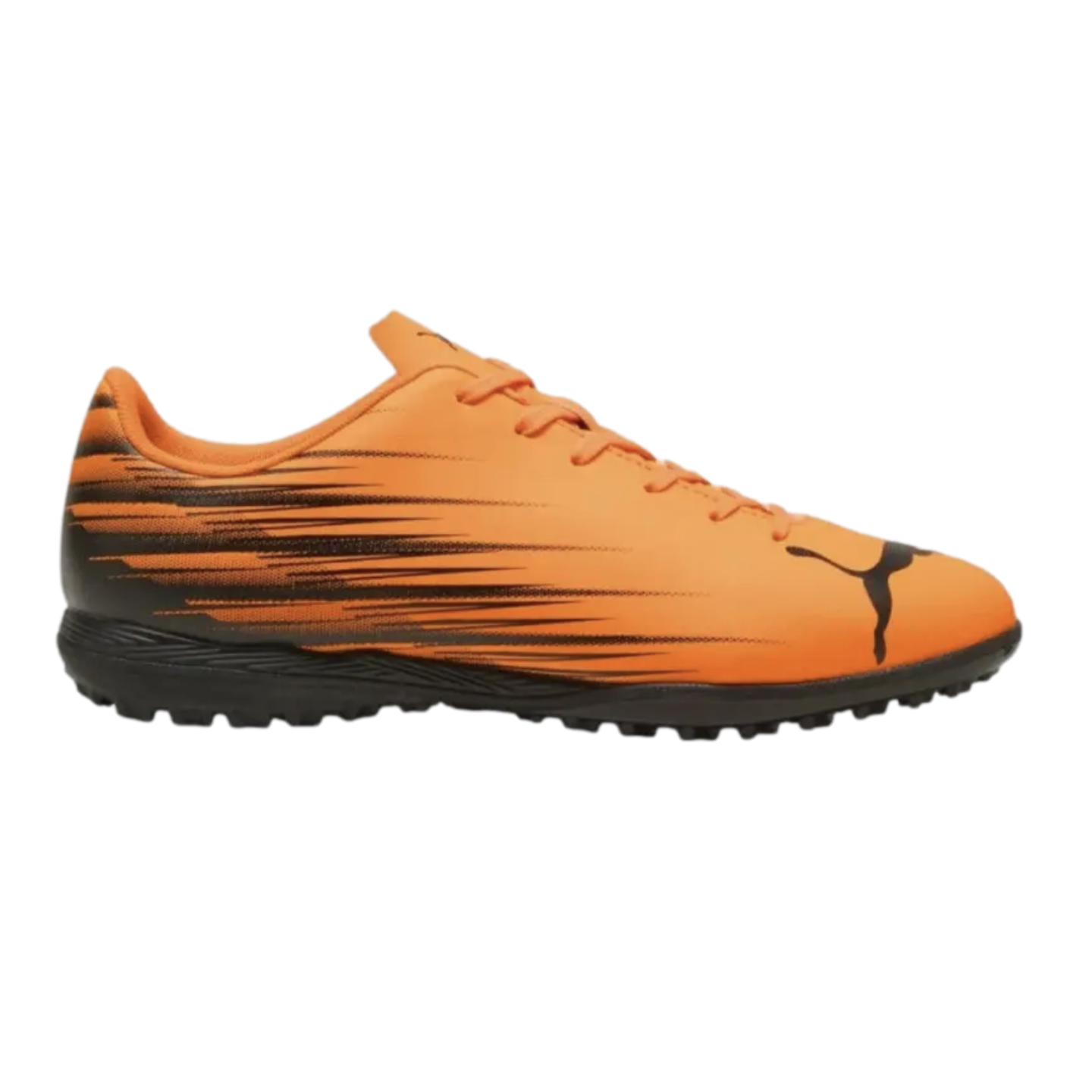 Side profile of a bright orange Puma soccer turf shoe with horizontal black speed stripes and a black nubbed outsole.