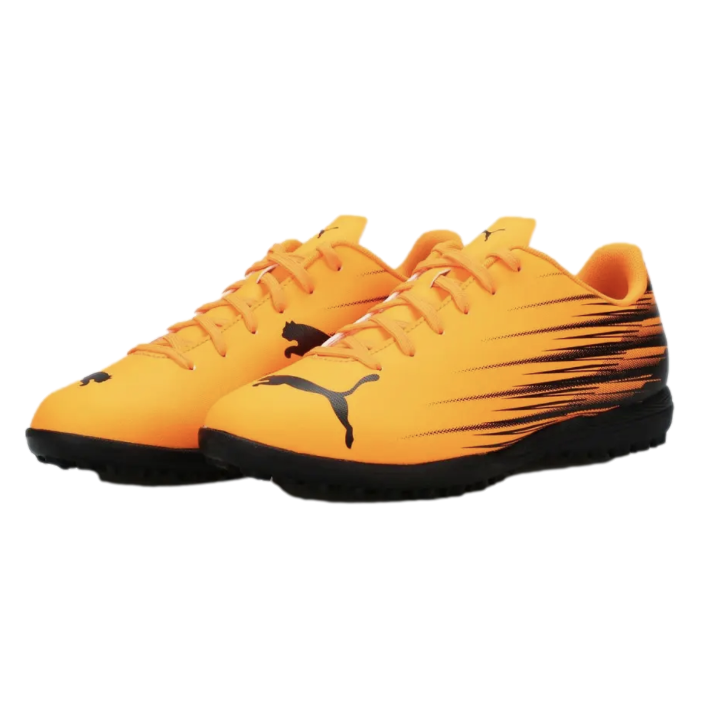 Bright orange Puma turf soccer shoes with black soles and logos, featuring a black streaking graphic on the sides against a black background.