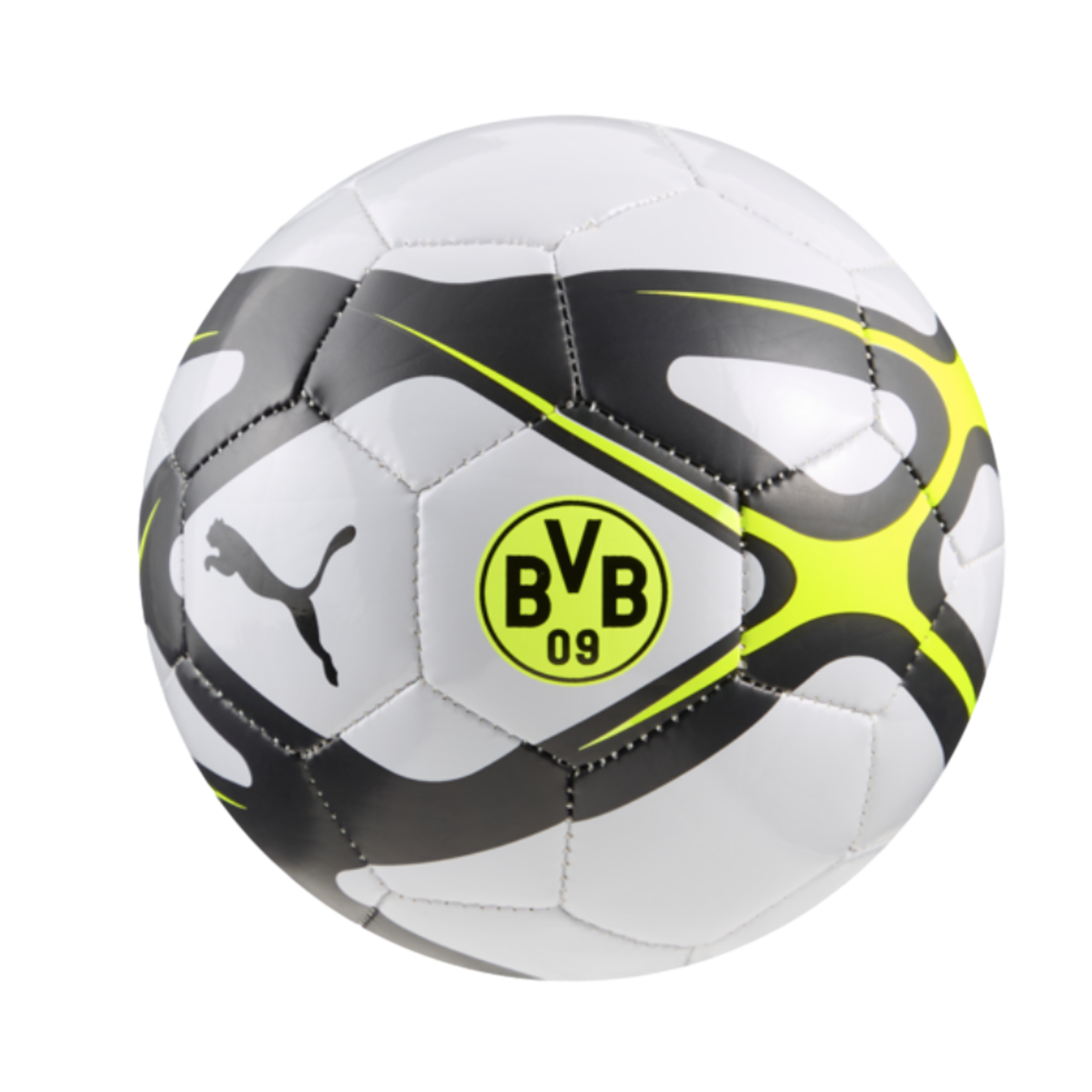 A white Puma soccer ball with black and yellow patterns and the BVB 09 logo, set against a black background.