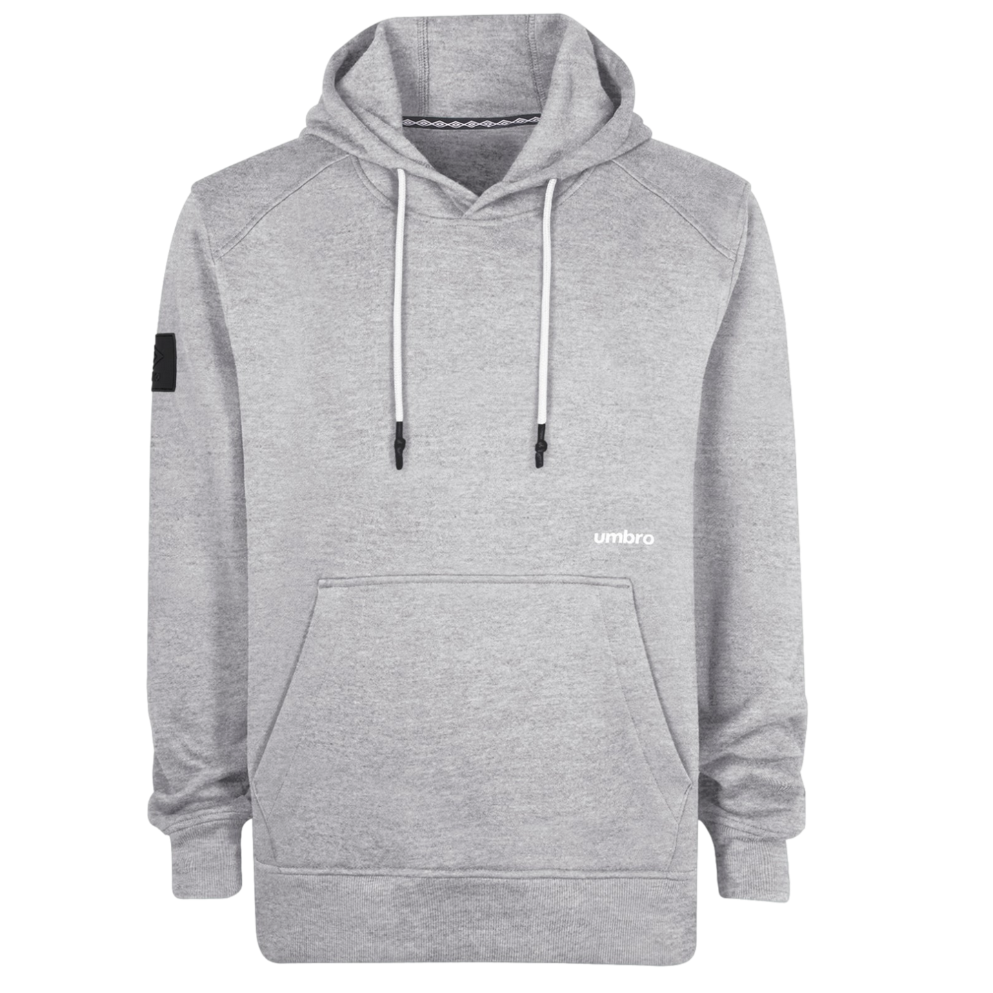 A heather grey Umbro hoodie with white drawstrings and a front kangaroo pocket.