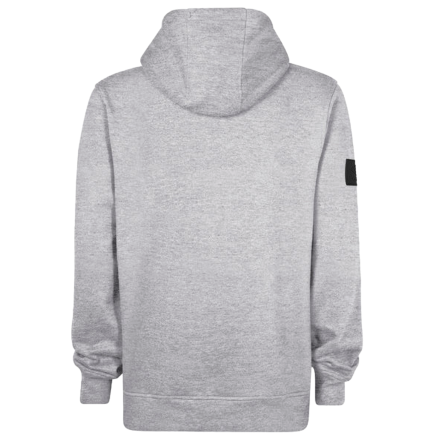 Back view of a light grey heathered hoodie on a black background. Features a hood, ribbed cuffs and hem, and a small black patch on the right sleeve.