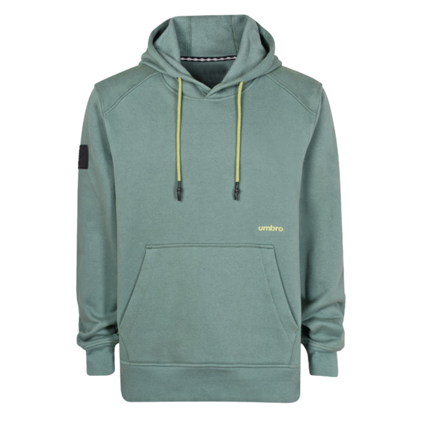 Sage green Umbro hoodie featuring lime yellow drawstrings, a kangaroo pocket, and a black sleeve patch, set against a black background.