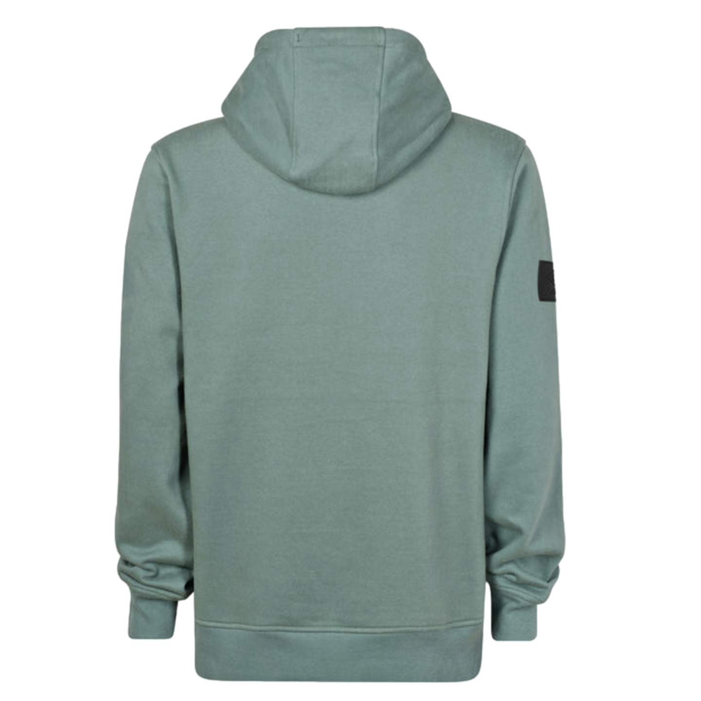 Back view of a sage green hoodie with a hood, long sleeves, ribbed cuffs and hem, and a small black square patch on the upper right sleeve.