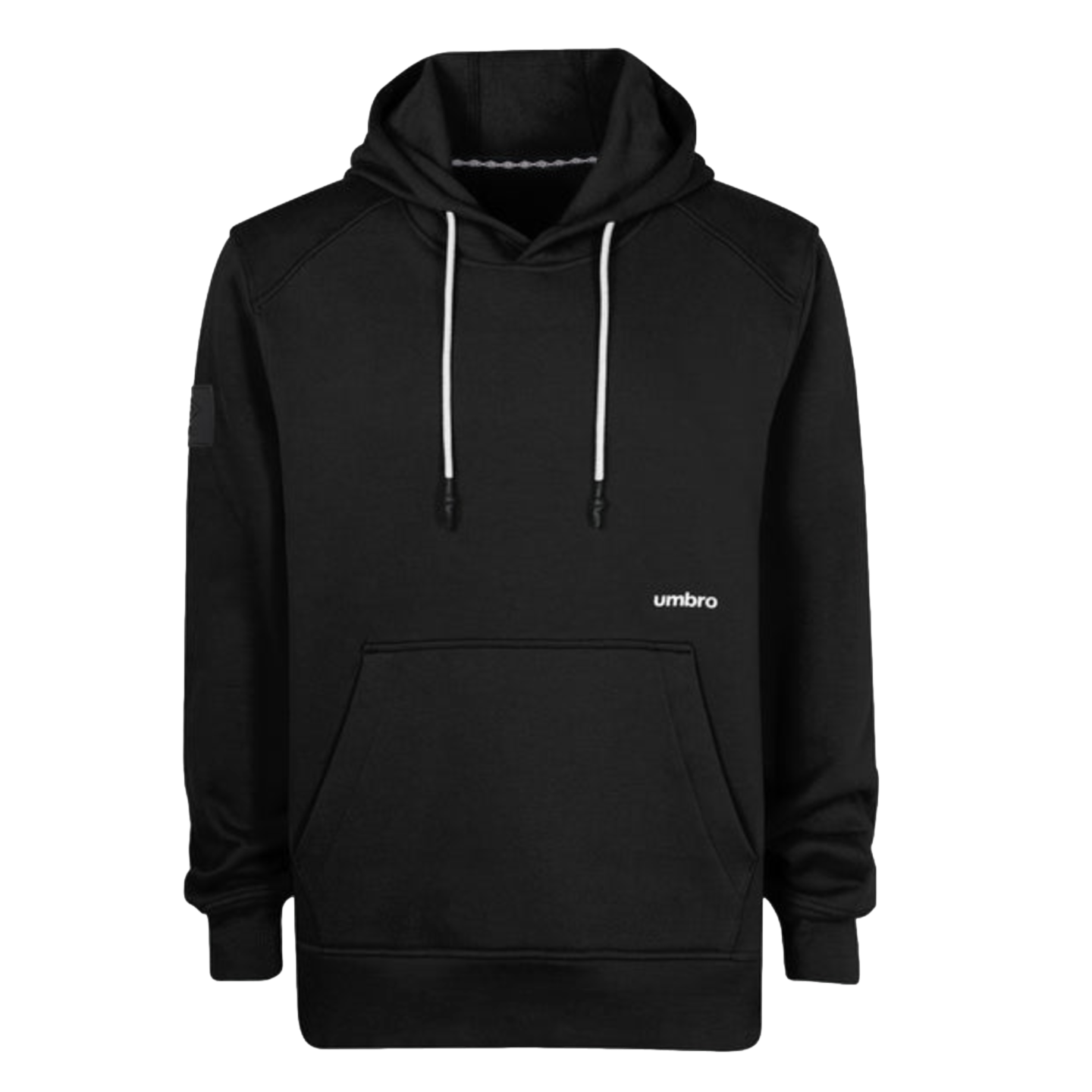 A black long-sleeved hoodie with white drawstrings, a front kangaroo pocket, and a small white Umbro logo on the chest.