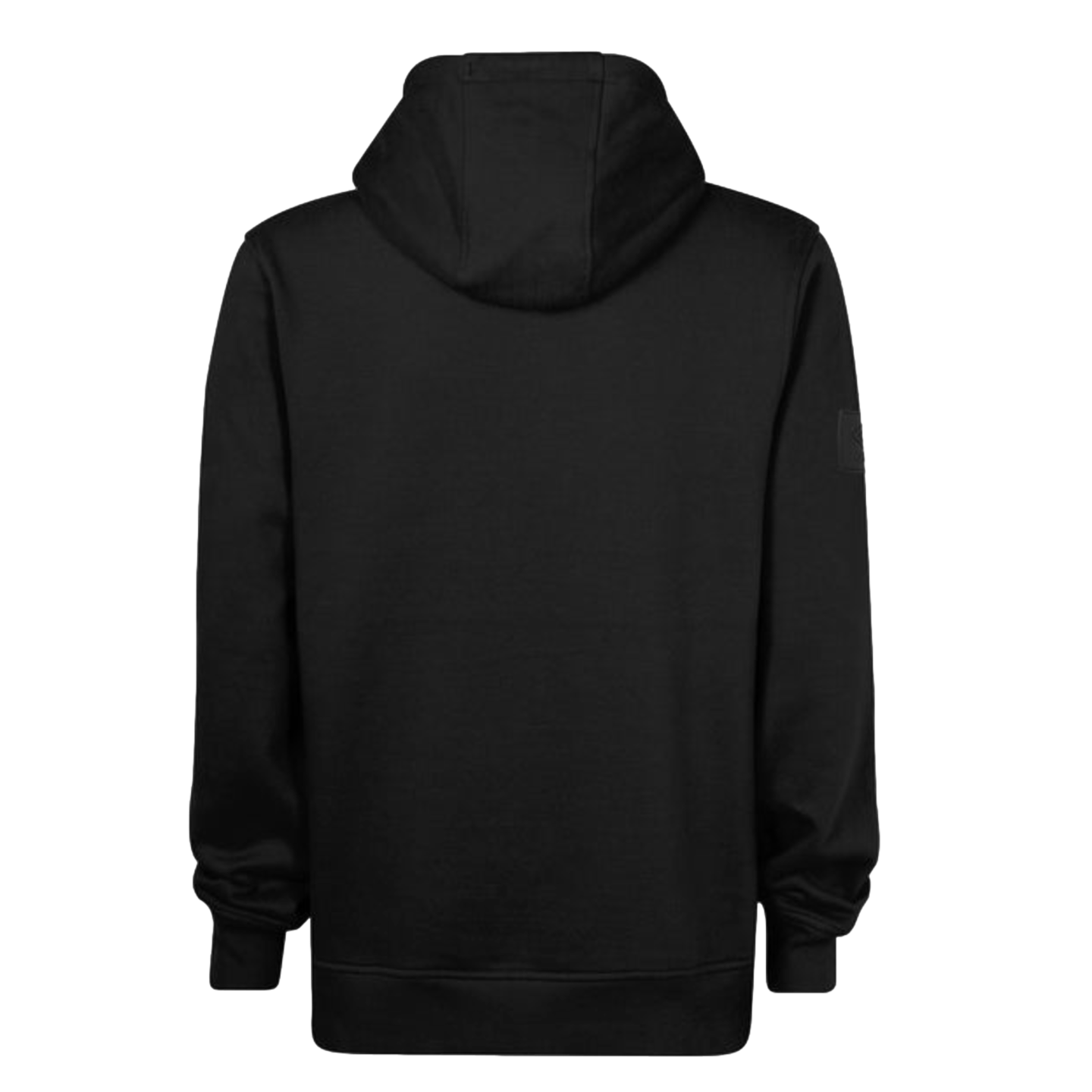 Back view of a solid black hoodie with its hood up and a small logo patch on the right sleeve, shown against a black background.