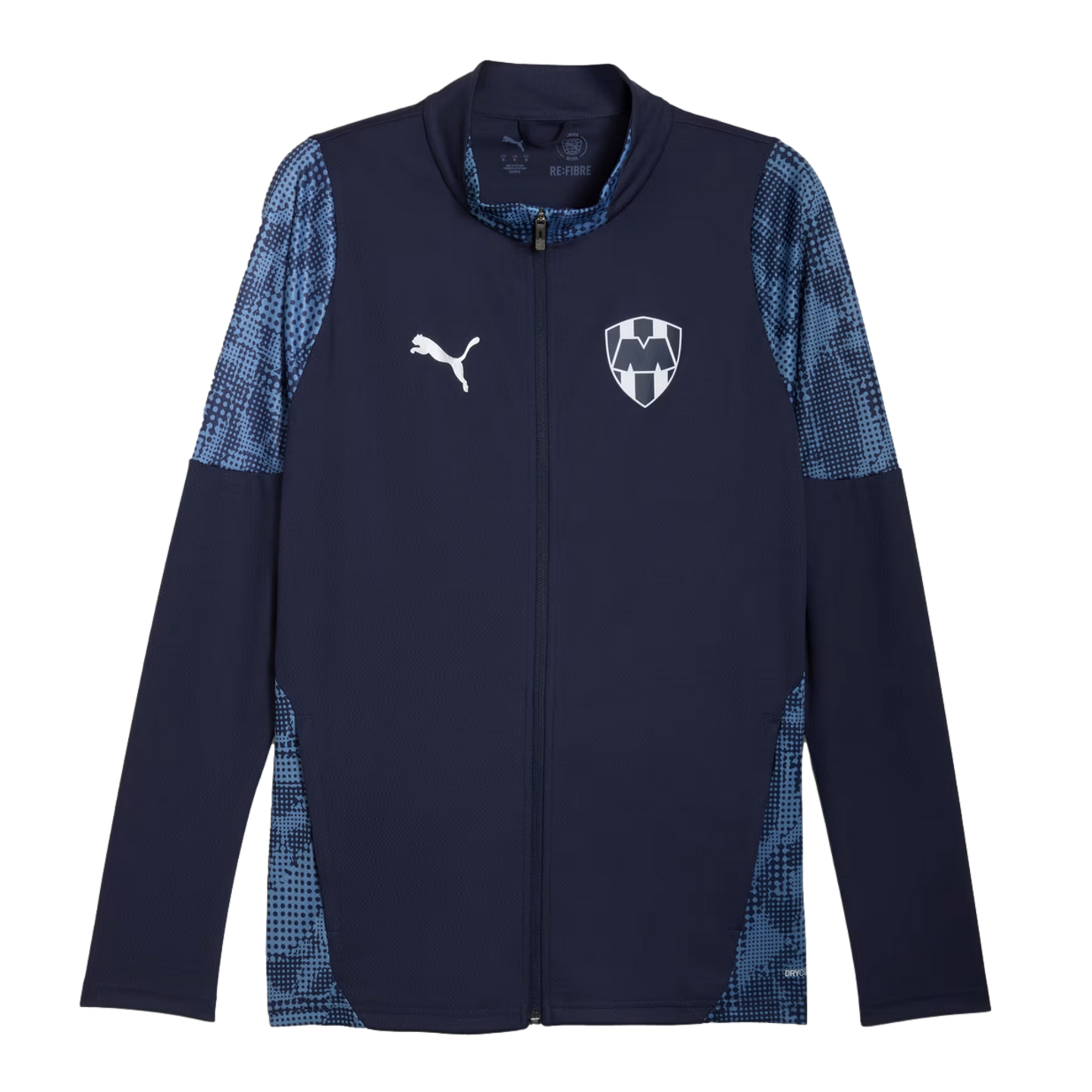 Navy blue Puma full-zip soccer jacket for C.F. Monterrey with white logos and light blue patterned panels on the shoulders and sides.
