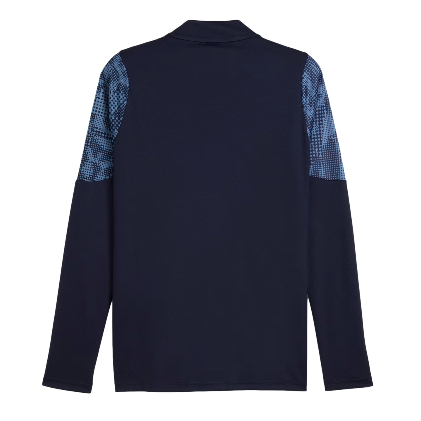 Back of a navy blue long-sleeved sports shirt featuring light blue patterned panels on the upper shoulders and sleeves, set against a solid black background.