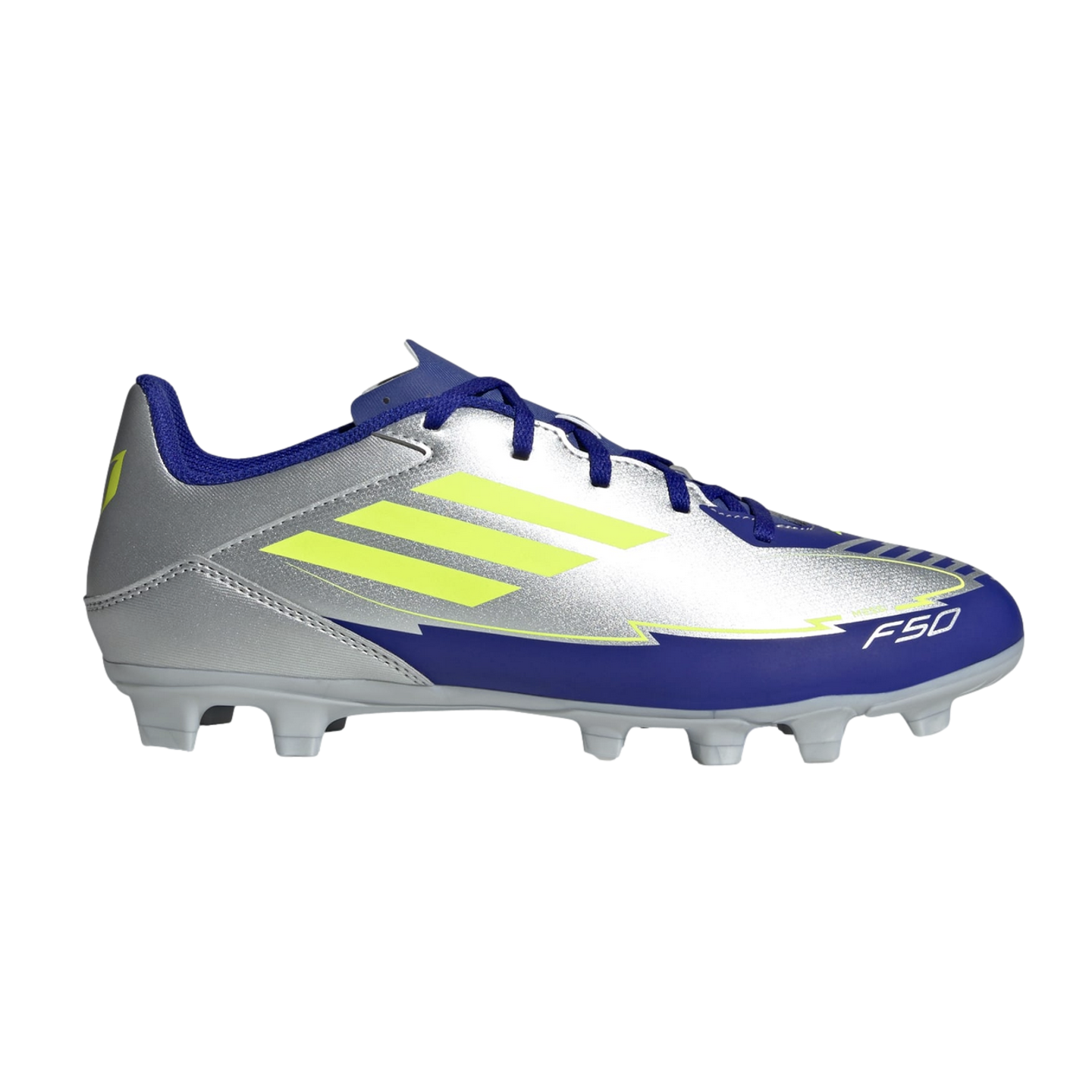 Profile view of a silver, blue, and lime yellow Adidas F50 soccer cleat with a metallic finish and studded outsole.