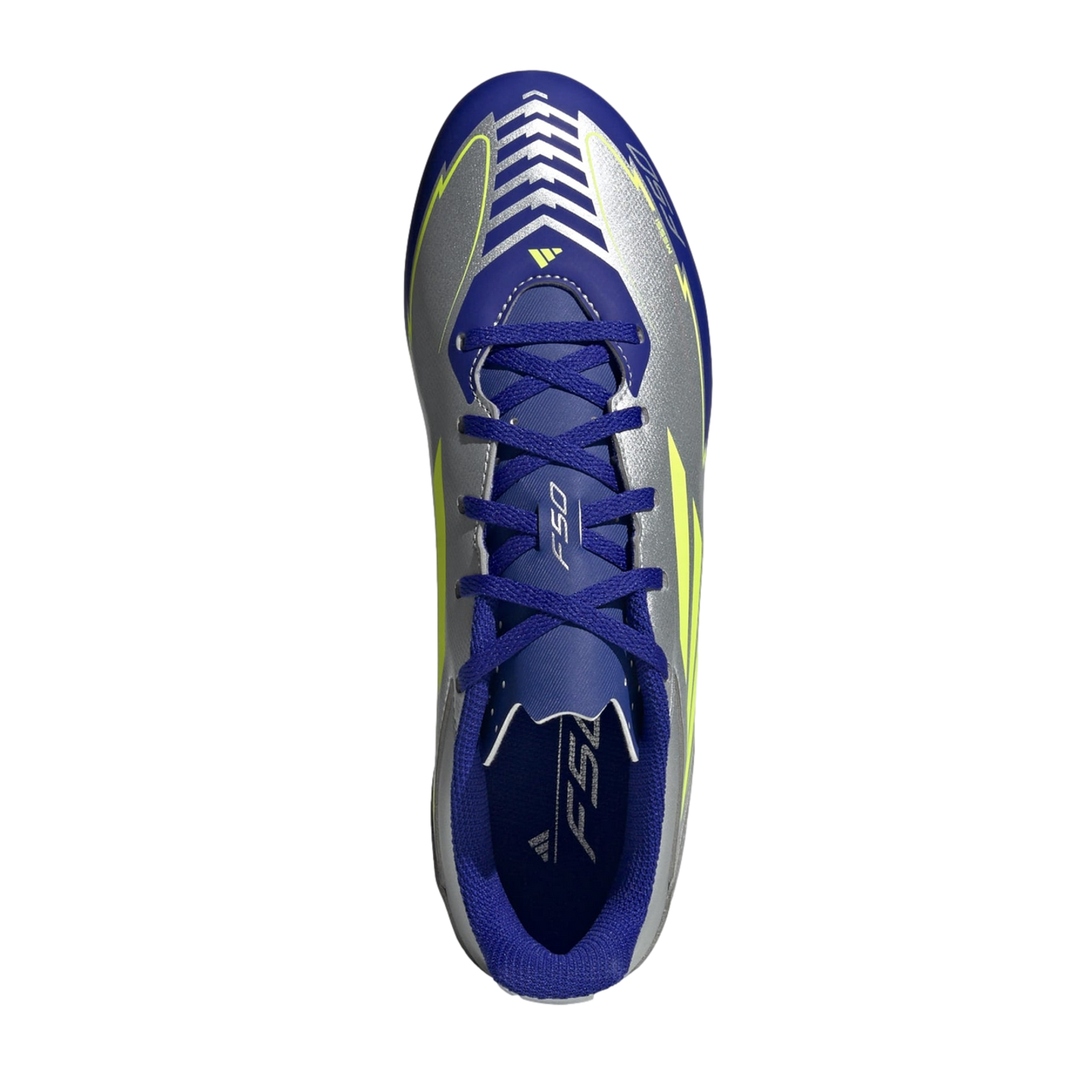 Top-down view of a silver Adidas F50 soccer cleat with blue laces and neon yellow accents against a black background.