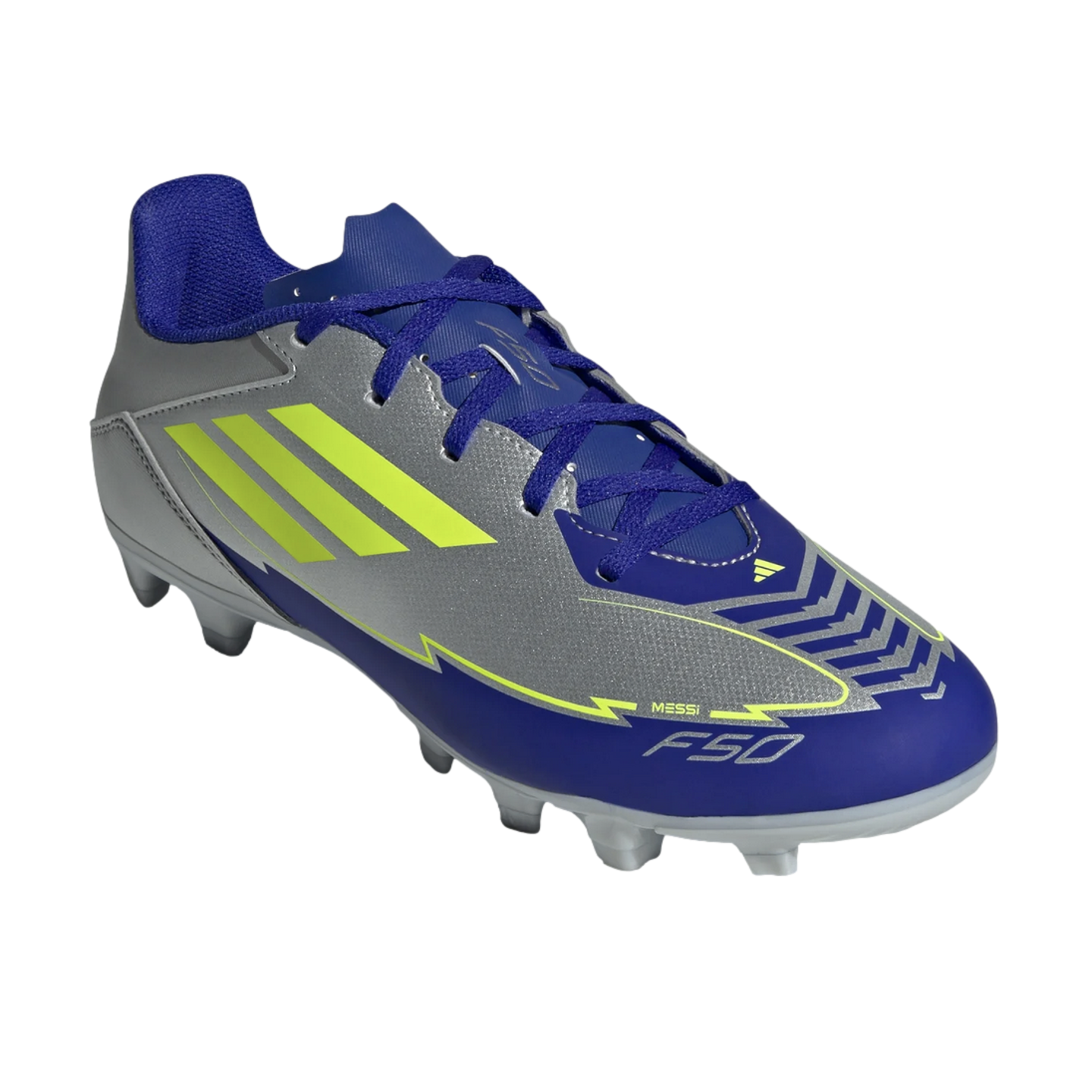 An Adidas F50 Messi soccer cleat in silver, royal blue, and neon yellow with firm ground studs, shown at an angle against a black background.