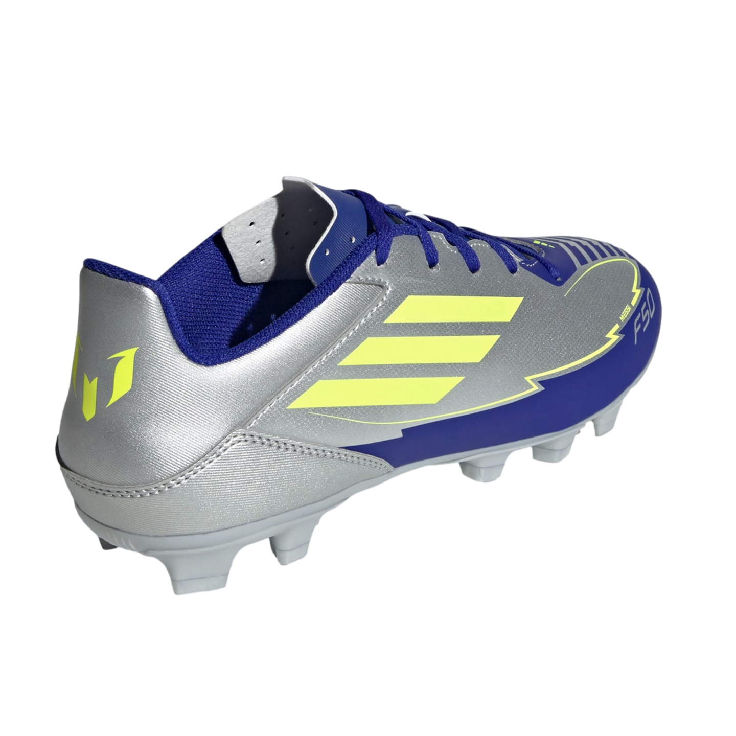 A silver and blue Adidas F50 Messi soccer cleat with yellow accents, shown from a side-rear angle on a black background.