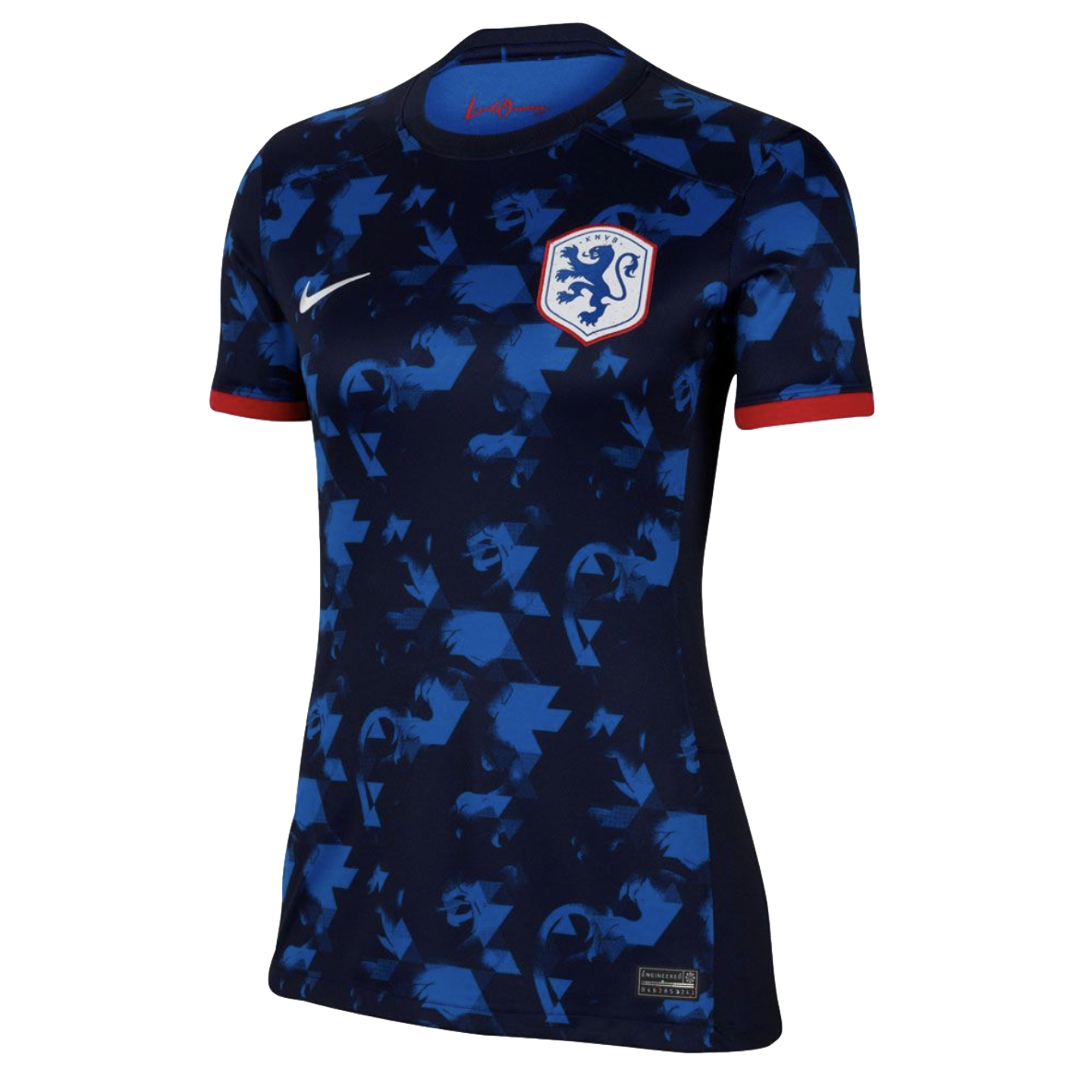 Netherlands national team soccer jersey in navy blue with a dark geometric pattern, featuring a white Nike swoosh, lion crest, and red sleeve cuffs.