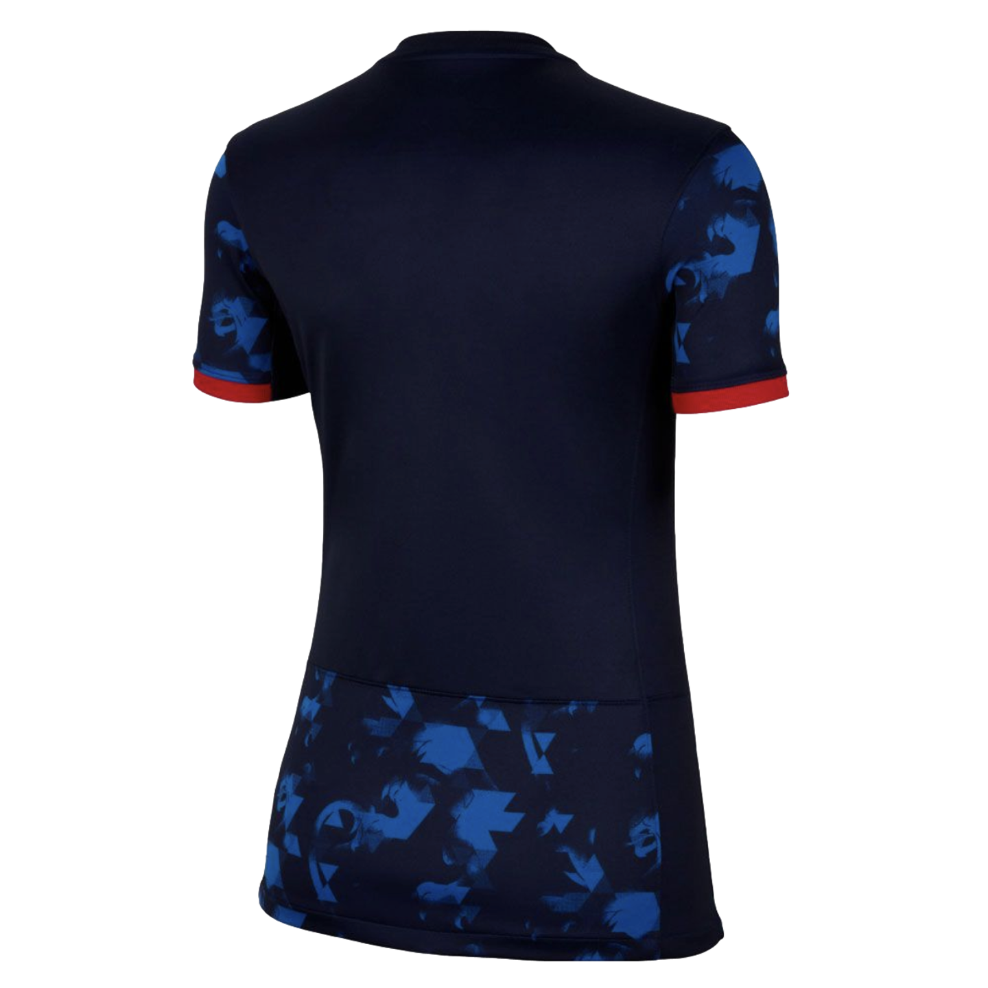 Rear view of a dark navy jersey featuring red sleeve trim and blue geometric patterns on the sleeves and lower back.