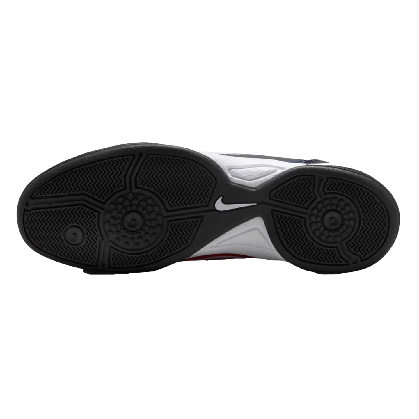 Bottom view of a Nike sneaker outsole, showcasing black rubber with complex herringbone and circular traction patterns, a white swoosh logo, and white midsole sections.