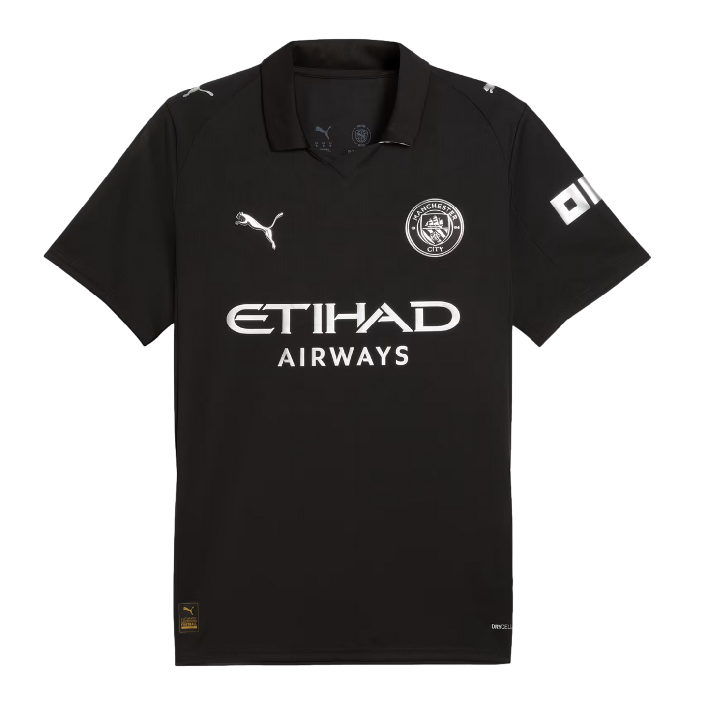 Black Manchester City Puma soccer jersey with white club crest, Etihad Airways chest logo, and OKX sleeve sponsor. Features a polo collar and Puma logos on the shoulders.