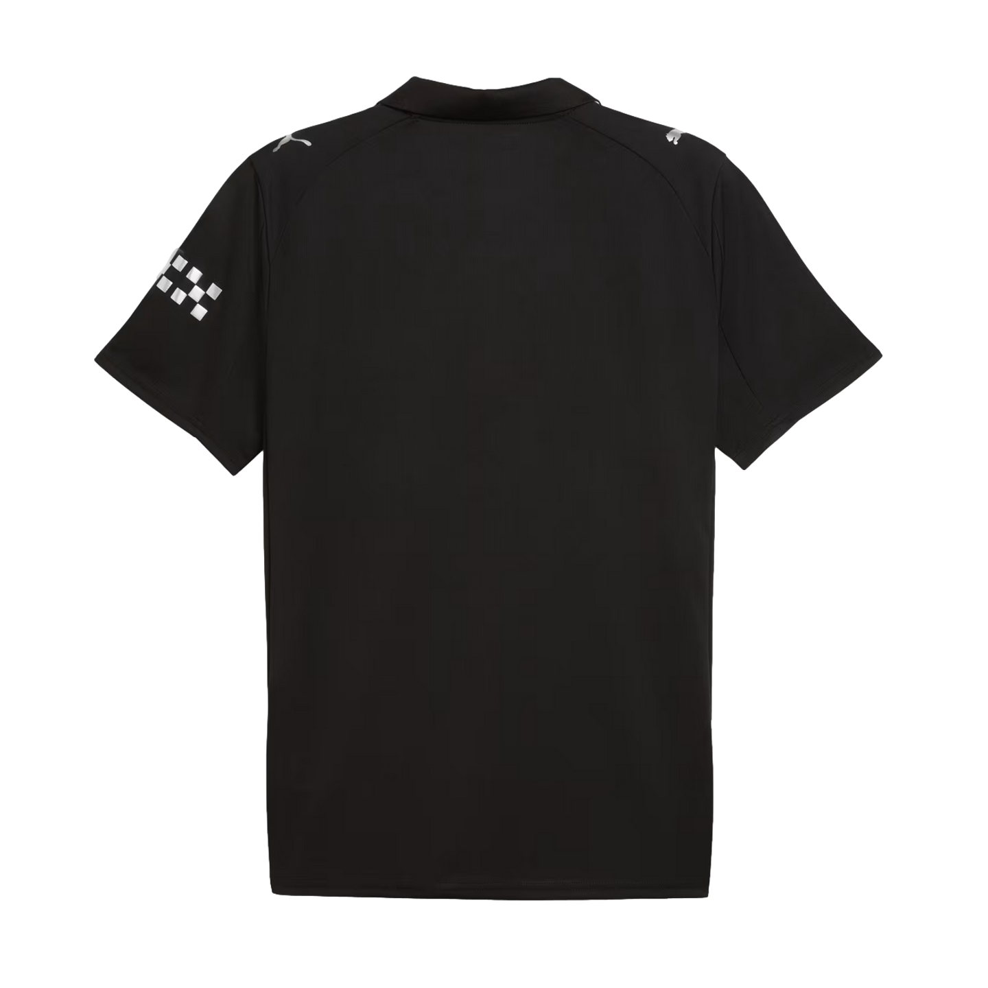 Back view of a black short-sleeved polo shirt featuring silver Puma logos on the shoulders and a checkered flag graphic on the left sleeve.
