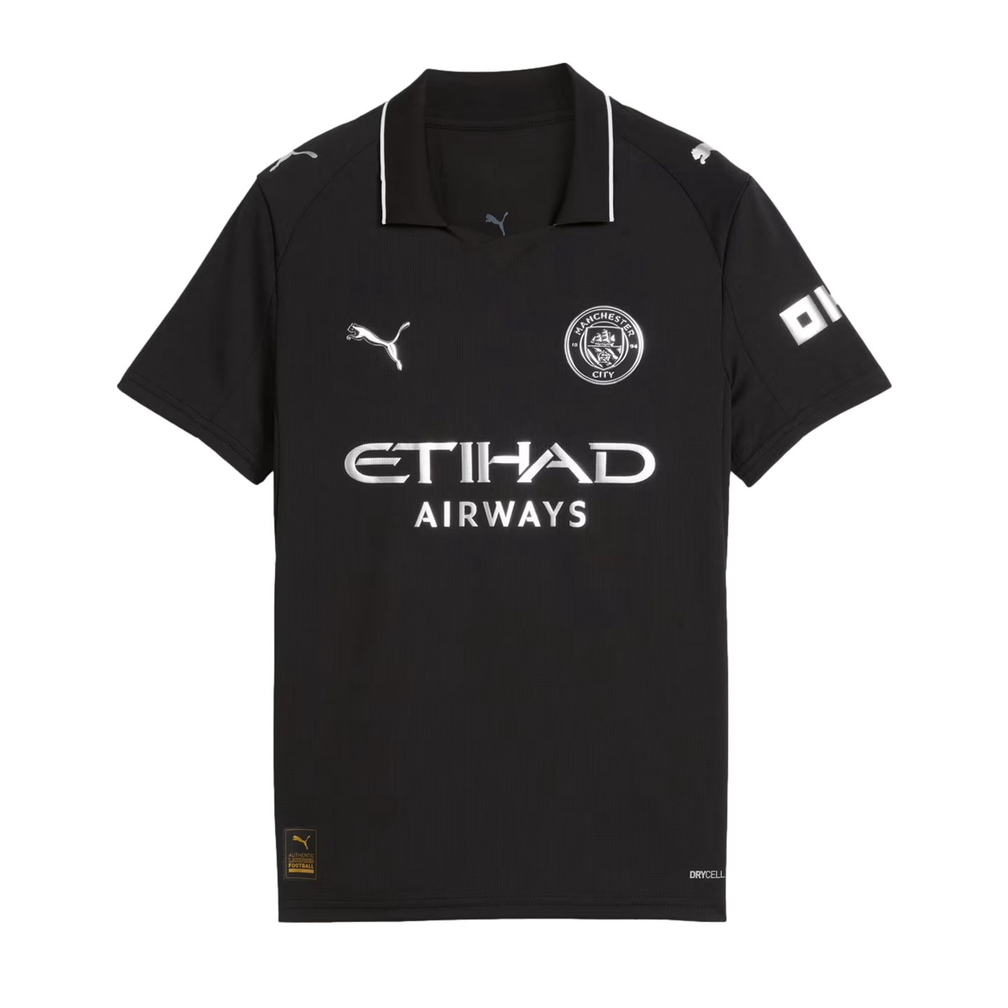 Black Manchester City football jersey with silver Puma and Etihad Airways logos and the club crest. Features a collar with white piping.