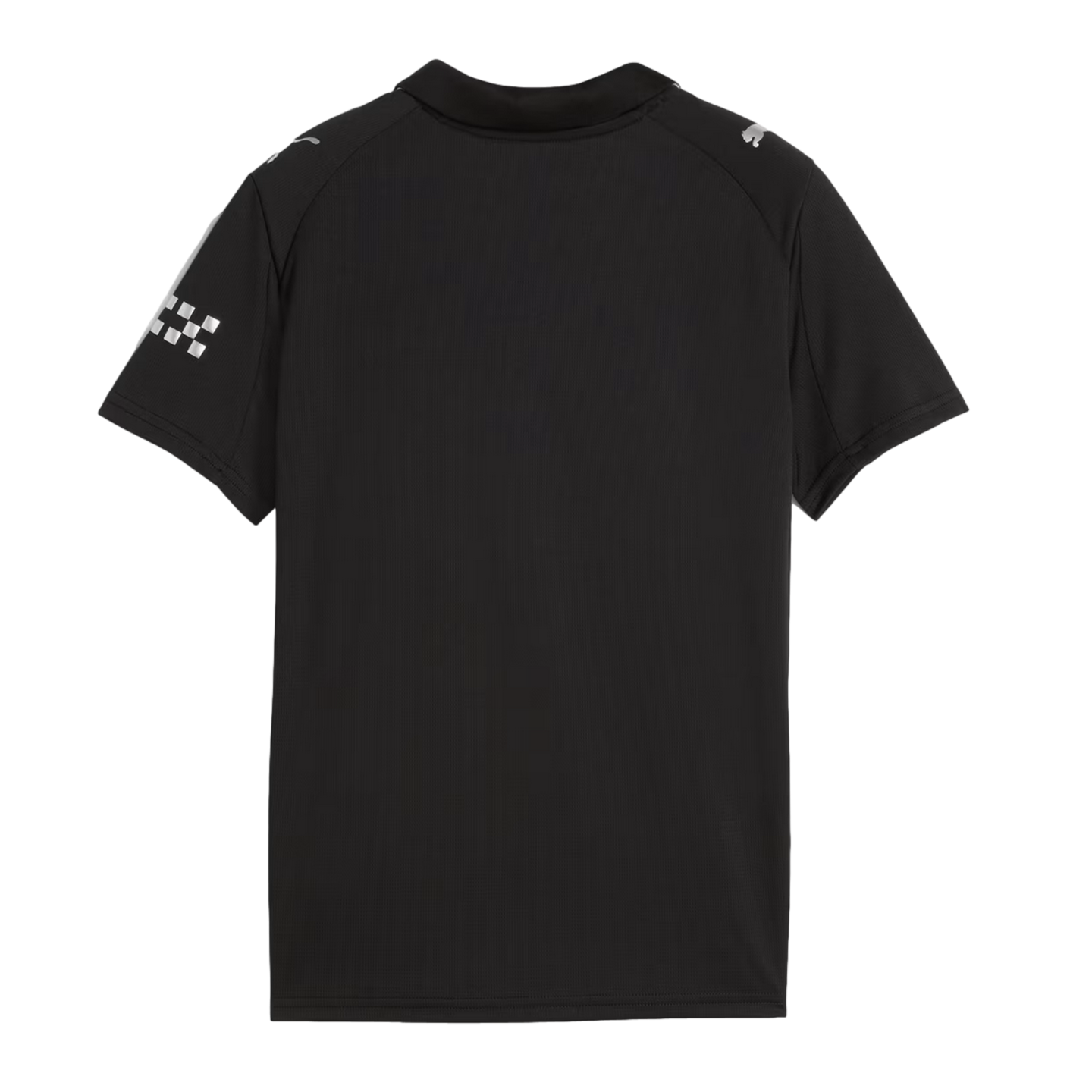 Rear view of a black Puma short-sleeved polo shirt featuring silver logos on shoulders and a checkered graphic on the left sleeve.