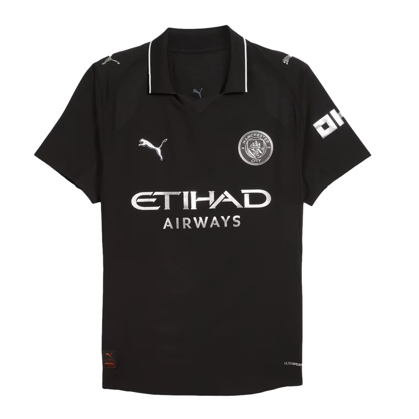 Black Manchester City Puma soccer jersey with silver team crest, Etihad Airways sponsor logo, and silver-trimmed collar.